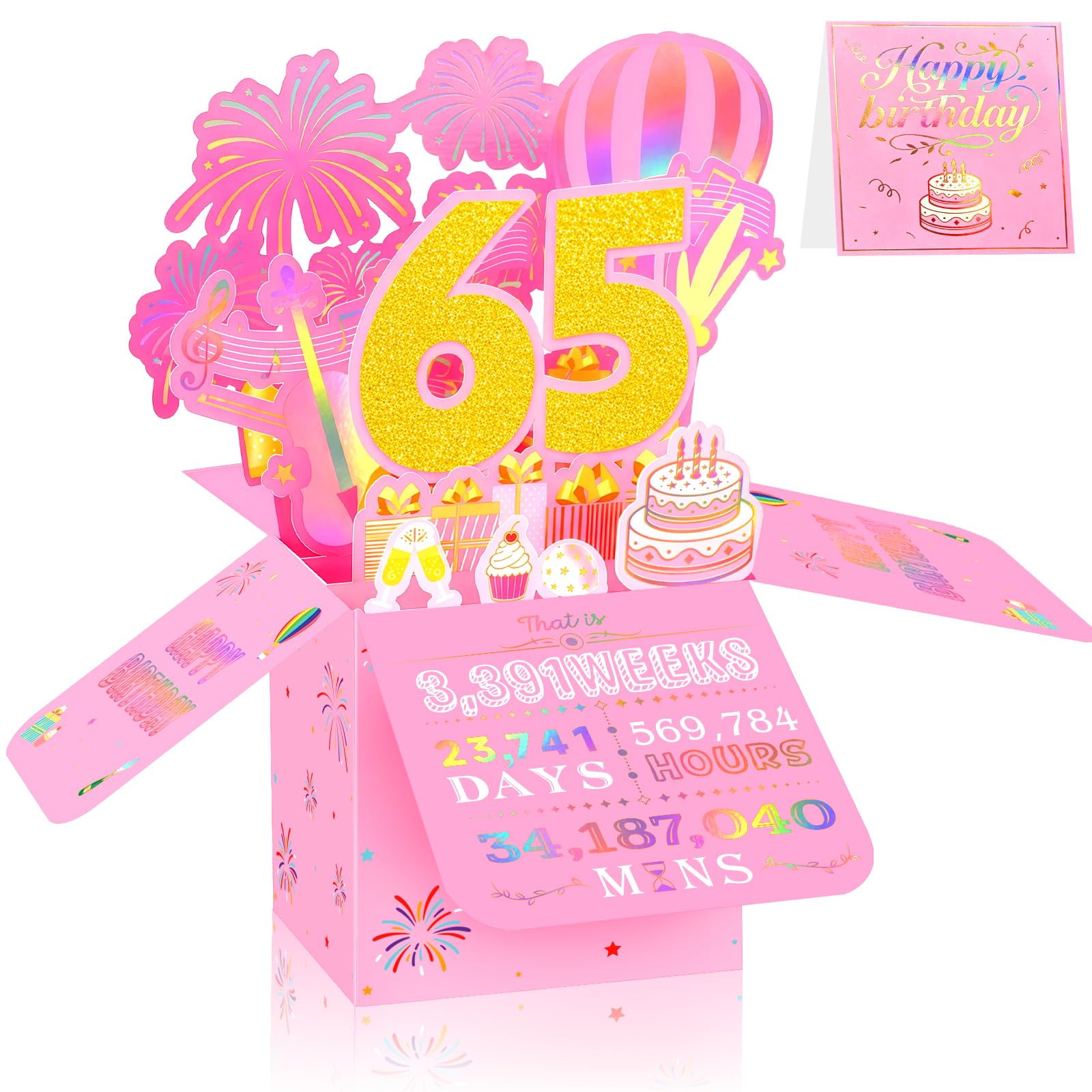 65th Birthday Card for Women, 3D Pop Up Birthday Greeting Card, Pink & Gold 65 Years Old Birthday Decorations for Her, Ideal for Father, Mother, Sister, and Special Cousin