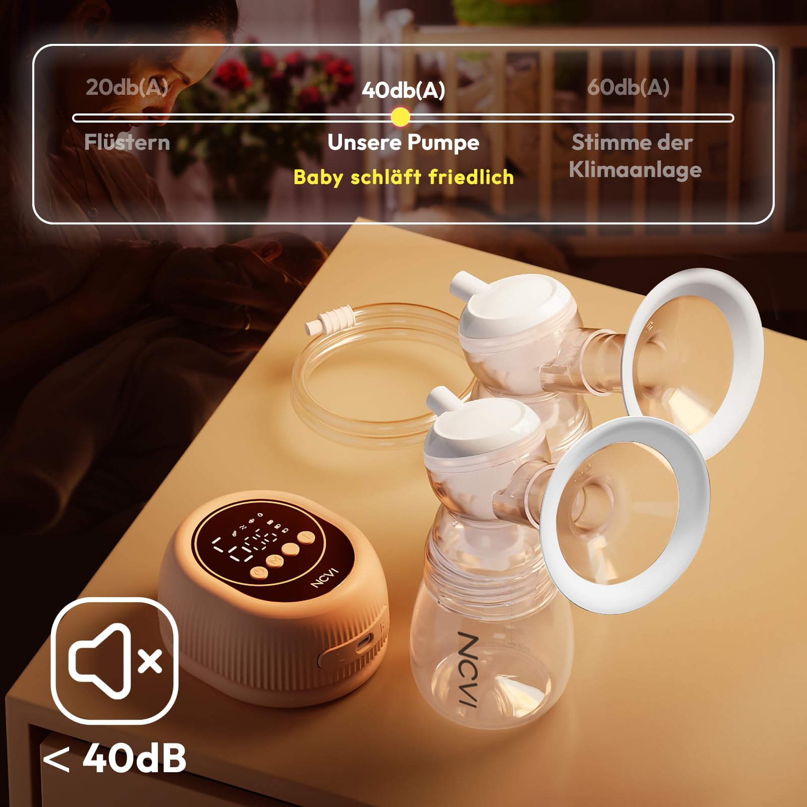 NCVI Milchpumpe Elektrisch 8128, Doppel Milchpumpe, mit 9 Stufen und 4 Modi, Geräuscharm, Anti-Rückfluss, LED-Display, Rosa