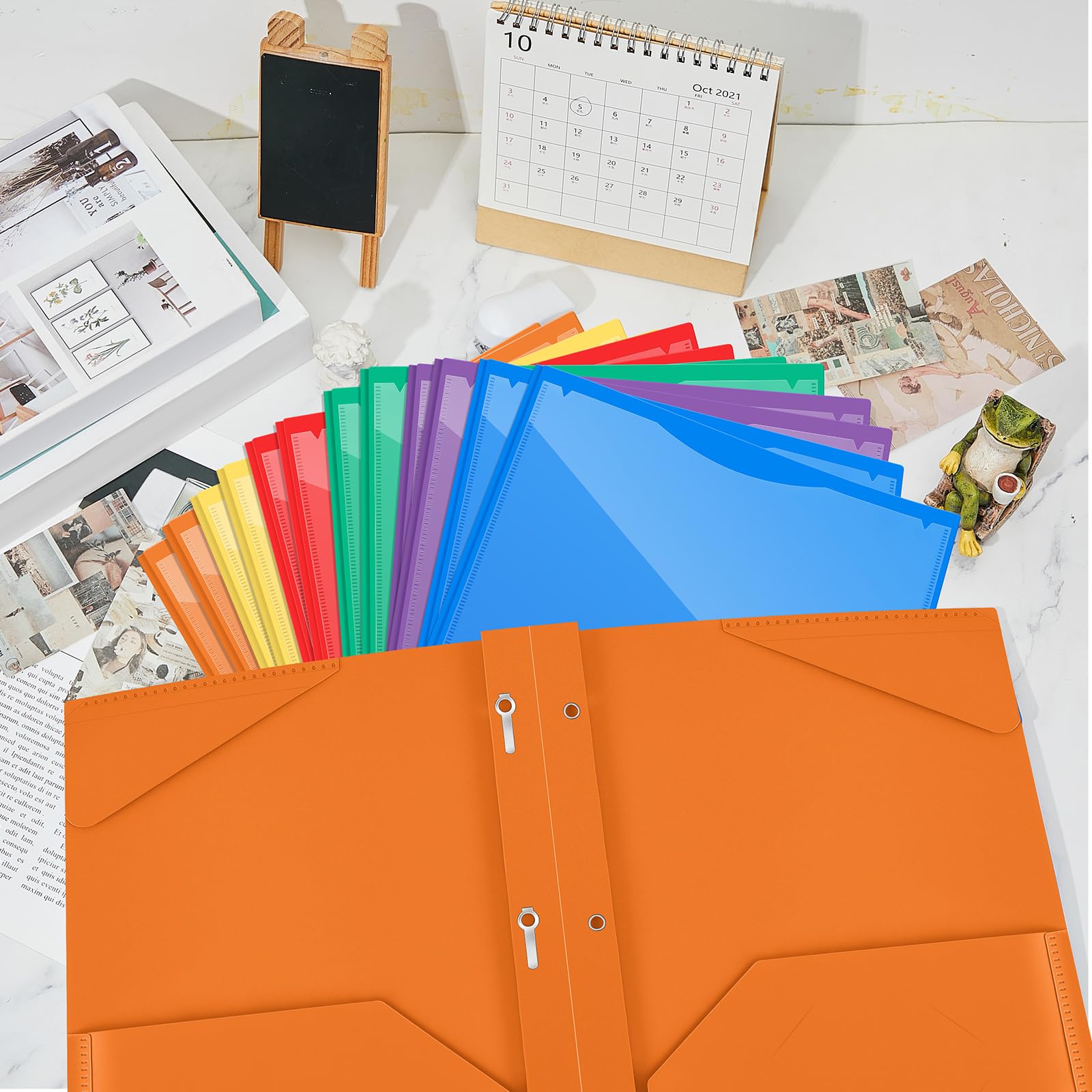 Henoyso Lot de 12 dossiers en plastique avec poche avant transparente et dossiers en plastique à 3 broches avec fente pour carte et broches pour l'école et le bureau (couleurs arc-en-ciel)