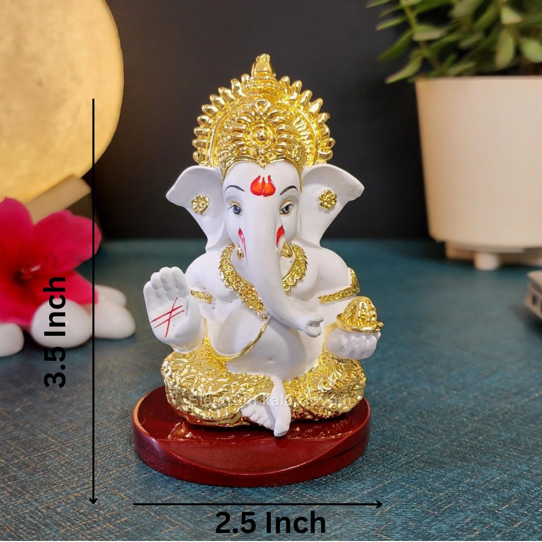 Electrum Kala Udyam Divine Figurine of Ganesha Gold Plated Idol on MDF Base | For Car Dashboard, Office Desk and Festive Gifting (MukutGoldWhiteMDF) - Image 4 thumbnail