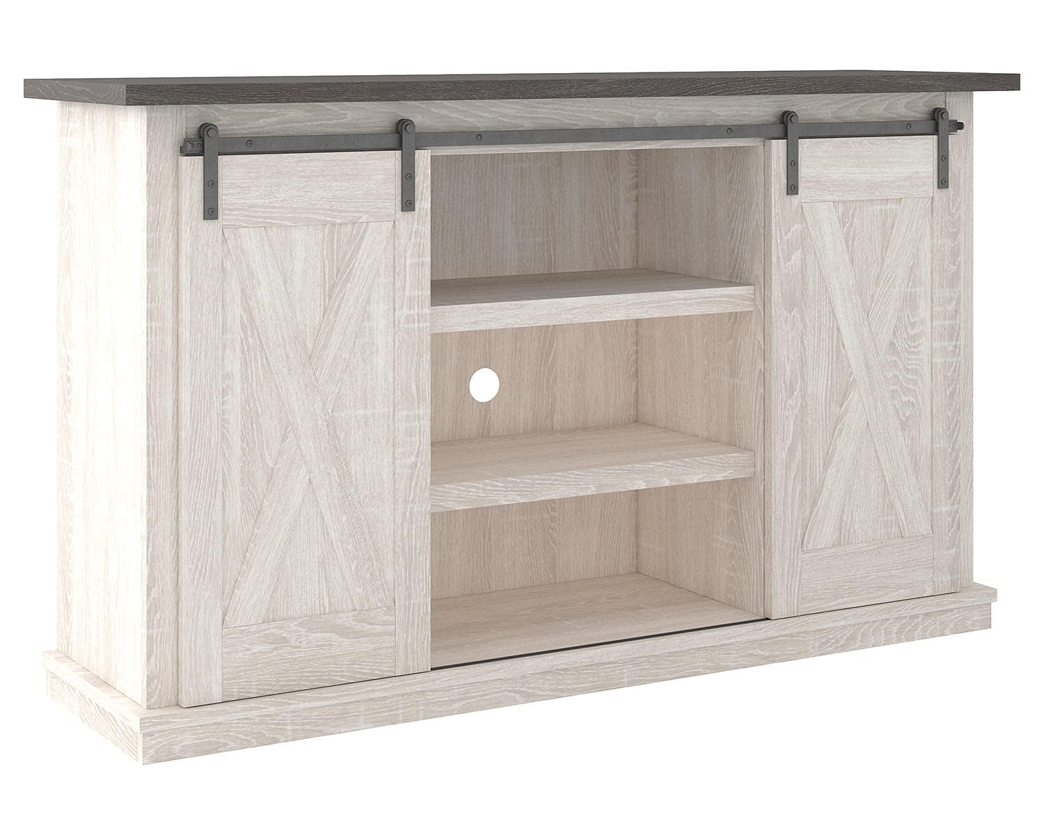 Dorrinson Farmhouse TV Stand Fits TVs up to 50" with Sliding Barn Doors and Storage Shelves, Whitewash & Gray