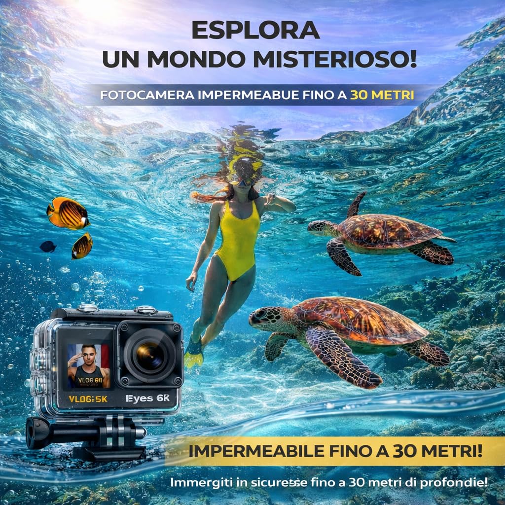 Marca FRANCESE 31 Accessori Fotocamera Sport 5K30fps 4K60FPS 120FPS Foto 50MP 2 Schermi Touch Vlog Telecomando Micro 360° Stabilizzatore E.I.S 2.0 Impermeabile 30M Scheda SDXC 64GO 2 Batterie
