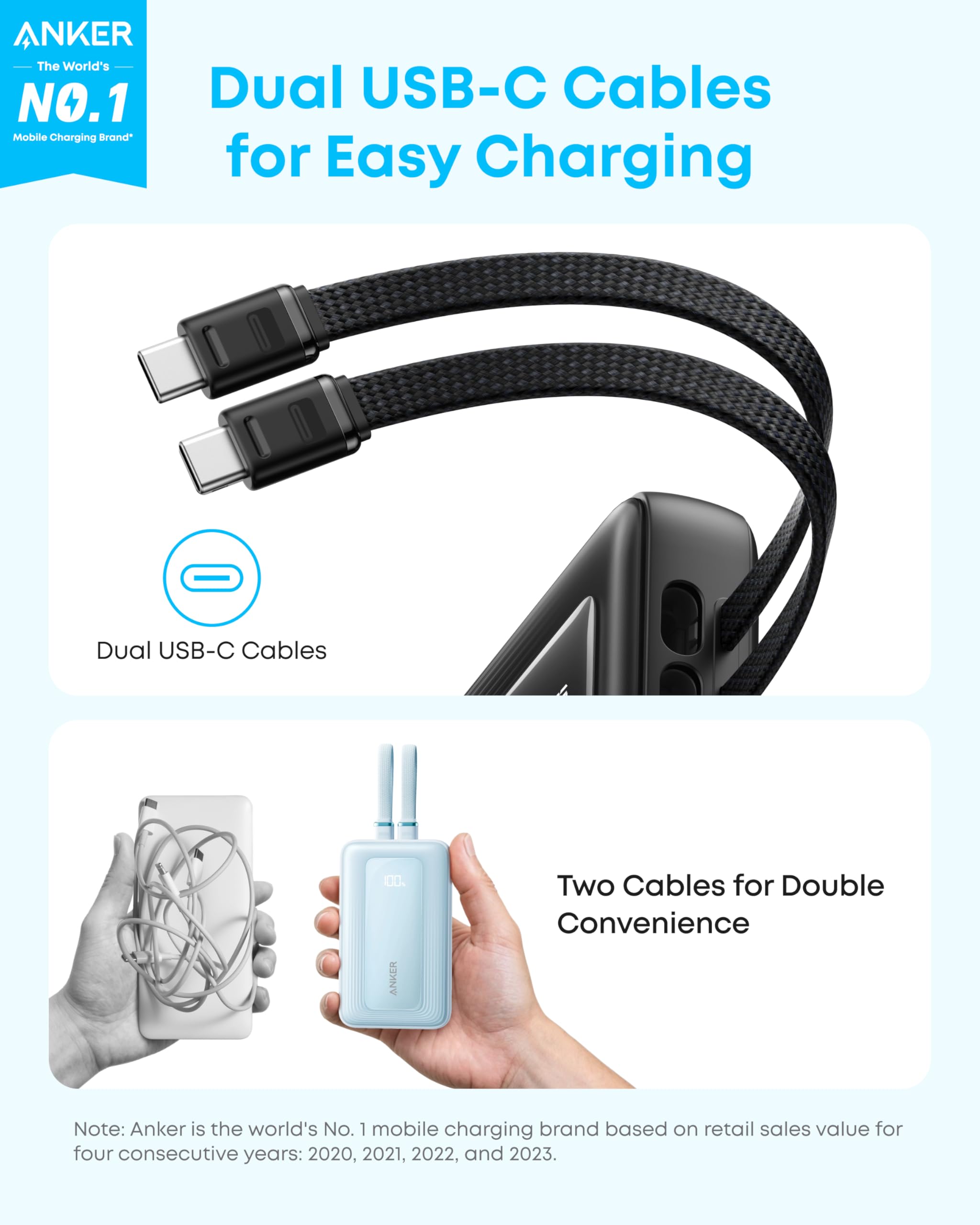 Anker Zolo Power Bank, doppio cavo USB-C integrato, 10000 mAh, 35 W, ricarica rapida, compatto e portatile, compatibile con iPhone 16/15, Samsung Galaxy, Google Pixel e altri (nero)