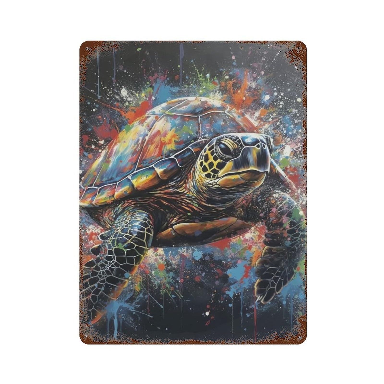 Distressed Metal Wall Sign with Turtle Painting Design 15.7"x11.8", for Living Room, Hallway And Home Decor, Vintage Wall Decor