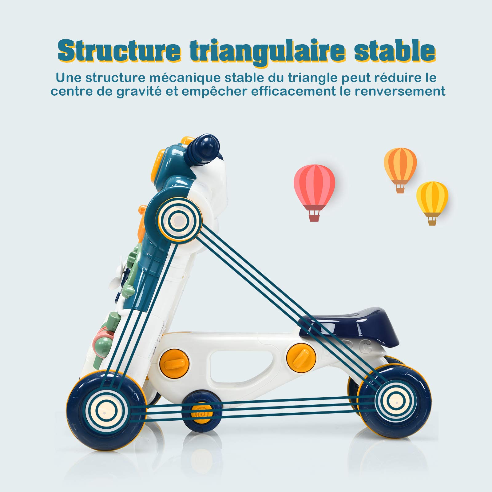 COSTWAY 3 en 1 Trotteur Bébé Évolutif avec Lumière et Musique, Voiture à Enfourcher Polyvalente avec 4 Roues Antidérapantes, Développement de l'Intelligence, Panneau de Jeux Détachable, 6-36 Mois