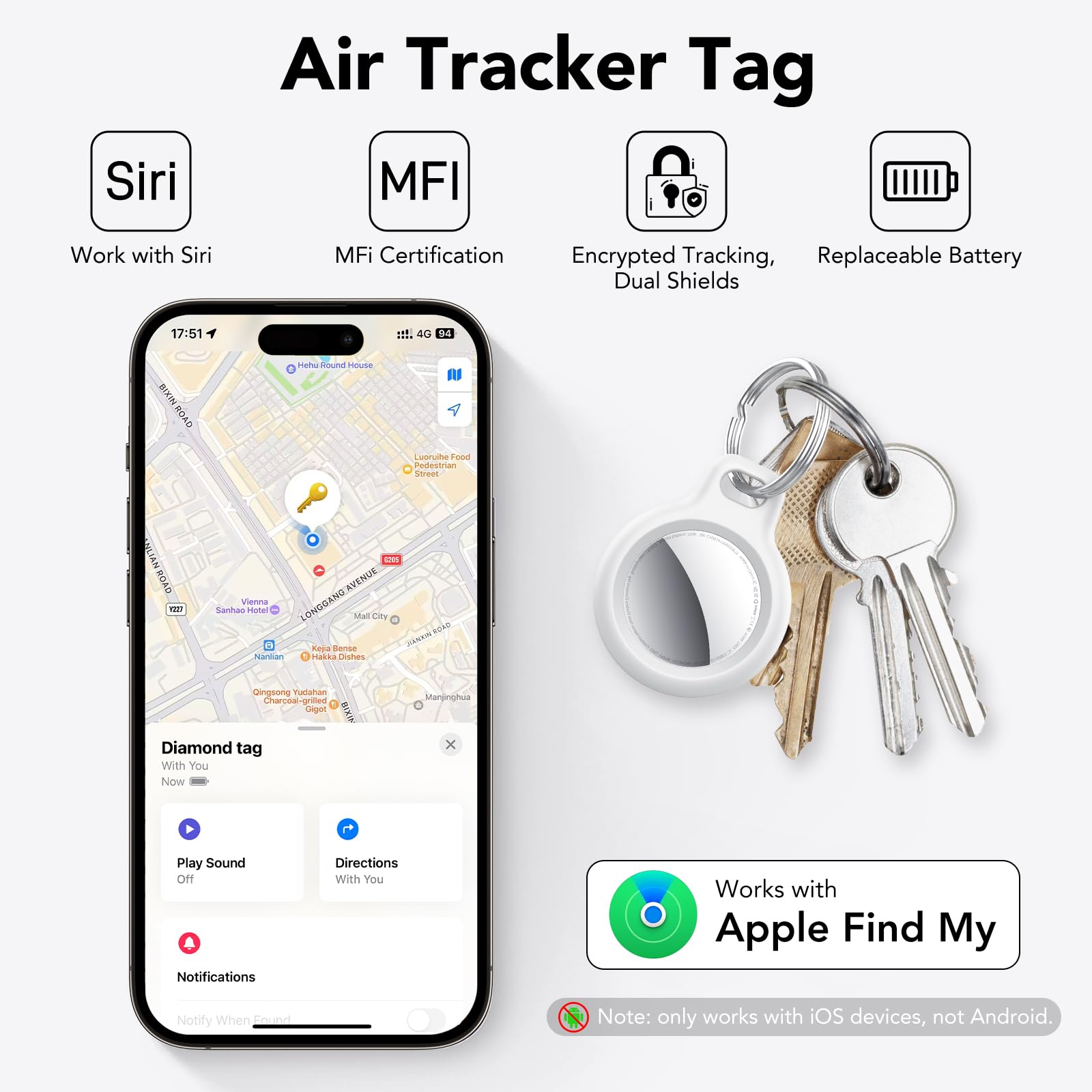 Air Tracker Tag 4 pezzi Bianco, Bluetooth Trova Oggetti Compatibile con Apple Dov'è (solo iOS), Smart Tracker Localizzatore per Bagagli/Borse/Portafogli, Chiavi Tag Tracking, Batteria Sostituibile