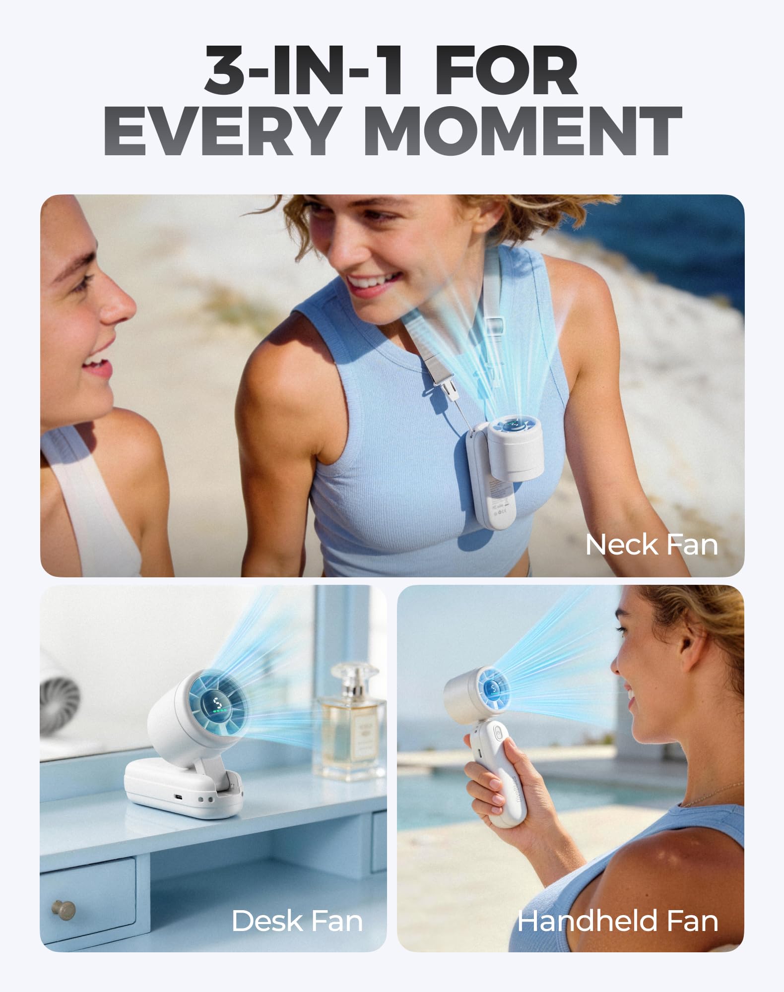 Diveblues Ventilatore Portatile a Mano 3 in 1, Mini Turbo Ventilatore USB Ricaricabile con Batteria da 4000mAh, 5 Velocità e fino a 12H di Raffreddamento, Viaggio, Ufficio, Esterni