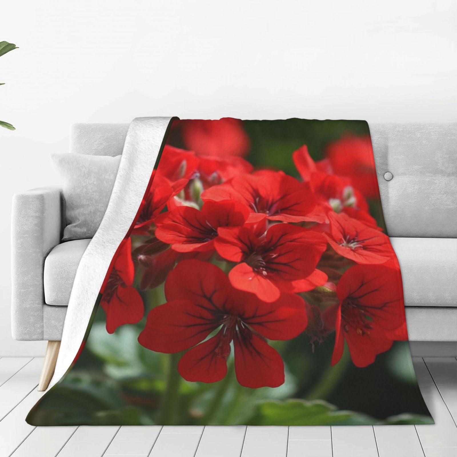 Couverture en flanelle imprimé géraniums rouges 152x127 cm pour lit