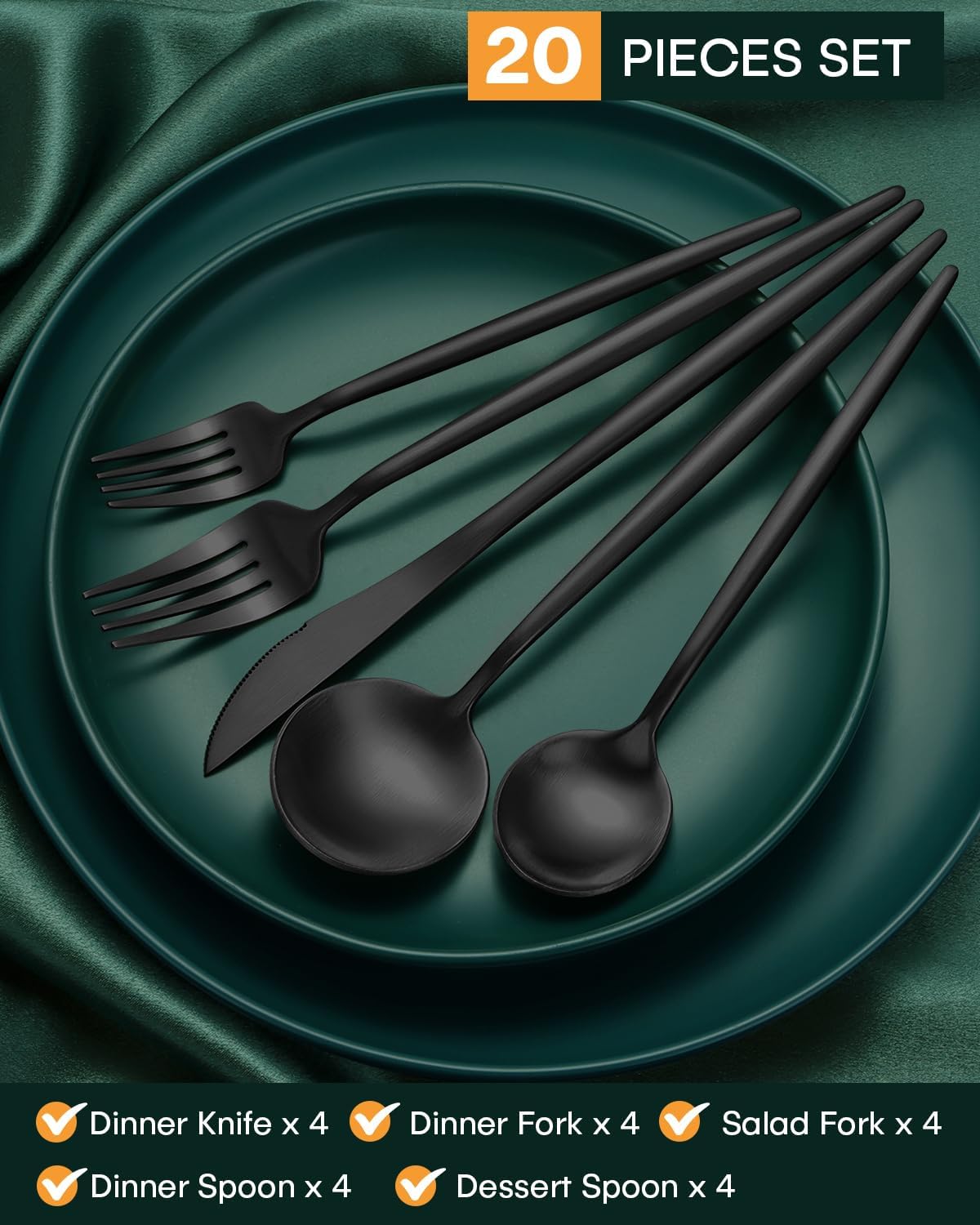 EUIRIO 20-Piece Matte Black Silverware Set with Additional 5PCS Large Serving Utensils, Stainless Steel Forks and Spoons Flatware Set, Cutlery Utensils Set, Satin Finish & Dishwasher Safe