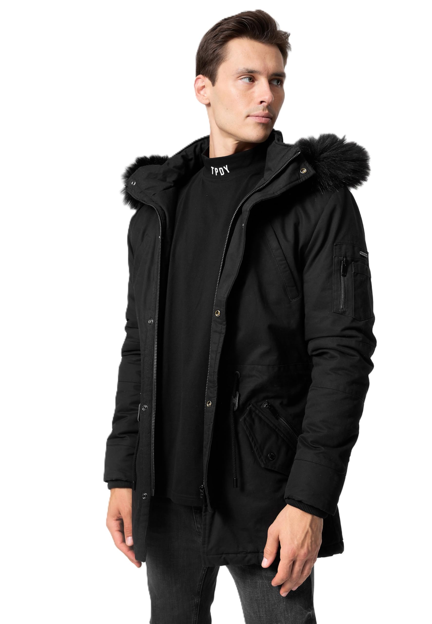 trueprodigy Herren Winterjacke Julius Schwarz Kapuze mit abnehmbarem Kunstfell Produkt