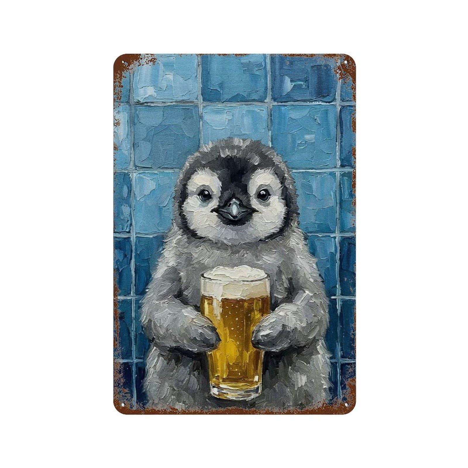 Penguin with Beer Painting 11.8"x7.9" Vintage Rust Metal Sign, Novelty Wall Decor for Living Room, Hallway And Home Decor