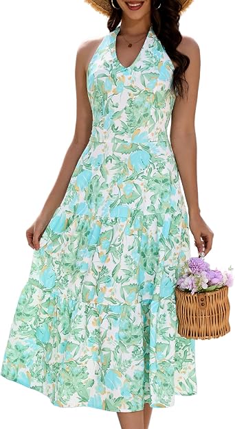DRESSTELLS Womens Spring Floral Maxi Dress 2026 Casual Halter Vacation A-line Tiered Flowy Boho Summer Dresses