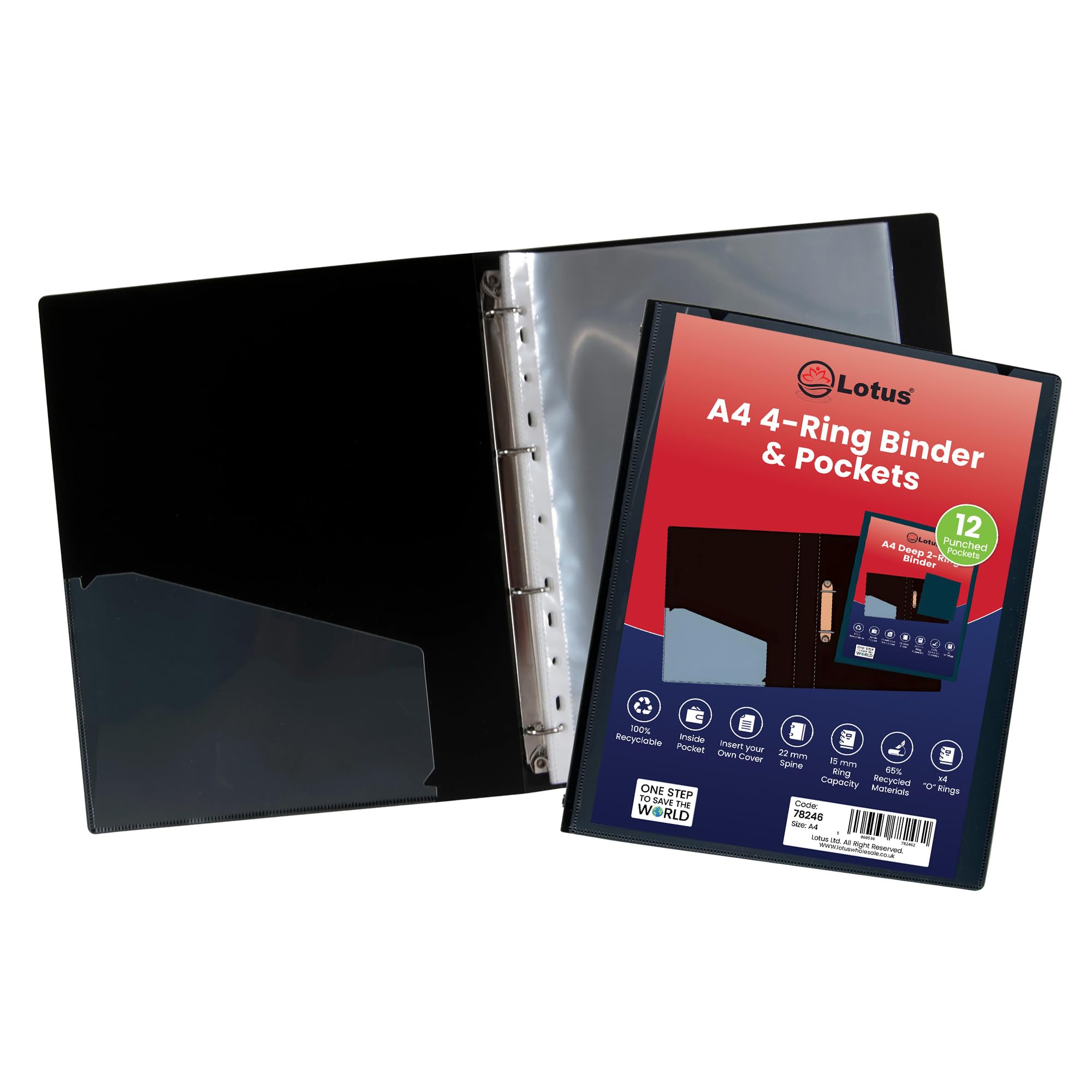 Lotus 78246 Classeur à anneaux A4 + 12 pochettes perforées Noir a4 Noir
