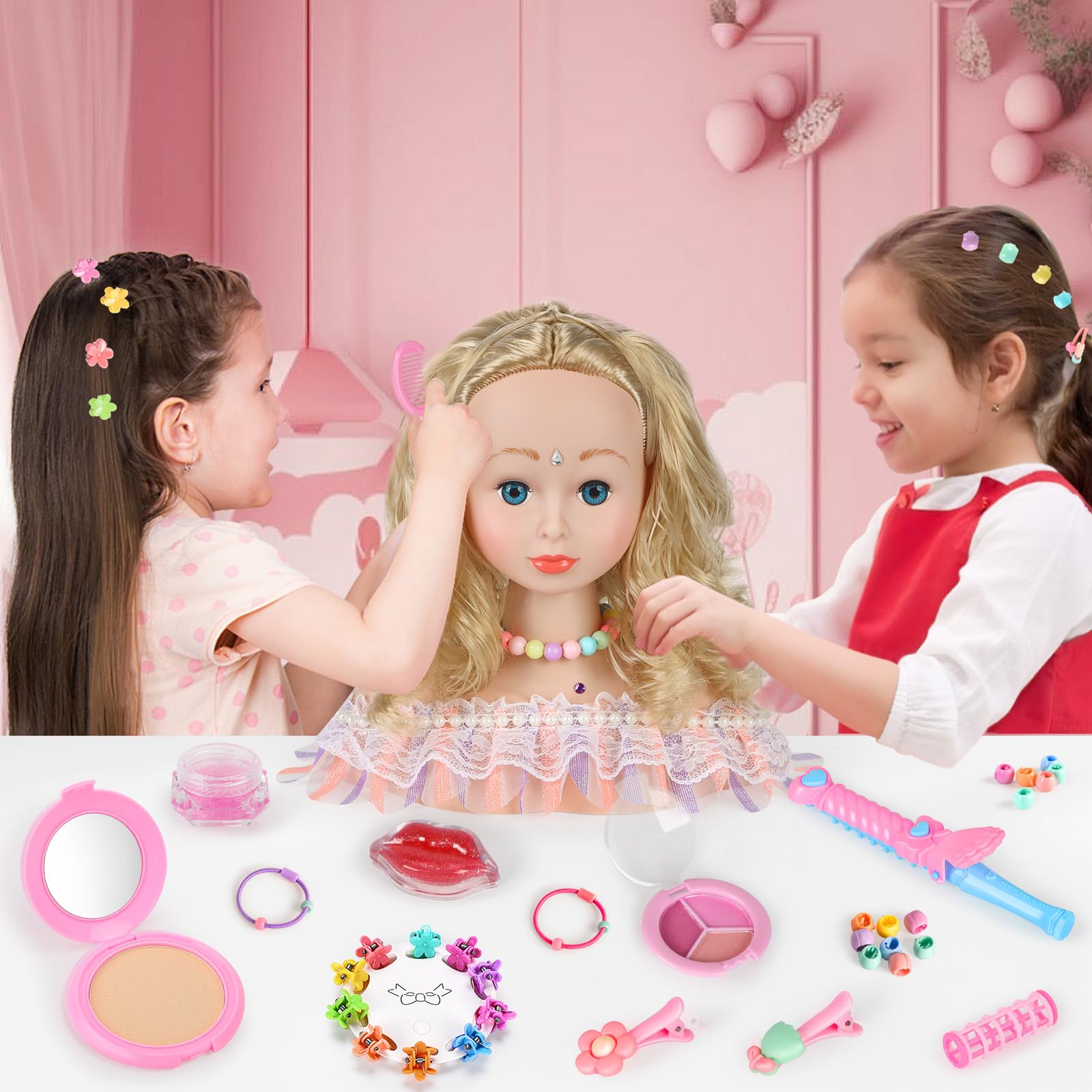 BuzzoXerex Testa Bambola da Truccare e Pettinare, 58 Pezzi Testa da Pettinare Bambina, Bambola da Truccare Regalo di Compleanno, Natale per Bambini a Partire Dai 3 Anni (Rosa)
