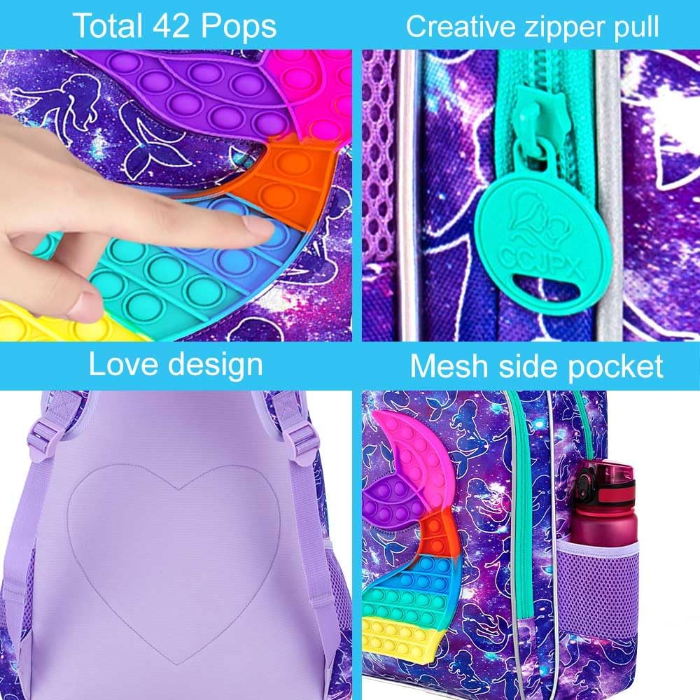 CCJPX 3PCS Mermaid Backpack for Girls, 16”Kids Water Resistant Elementary Preschool Kindergarten School Bookbag with Lunch Box - Purple