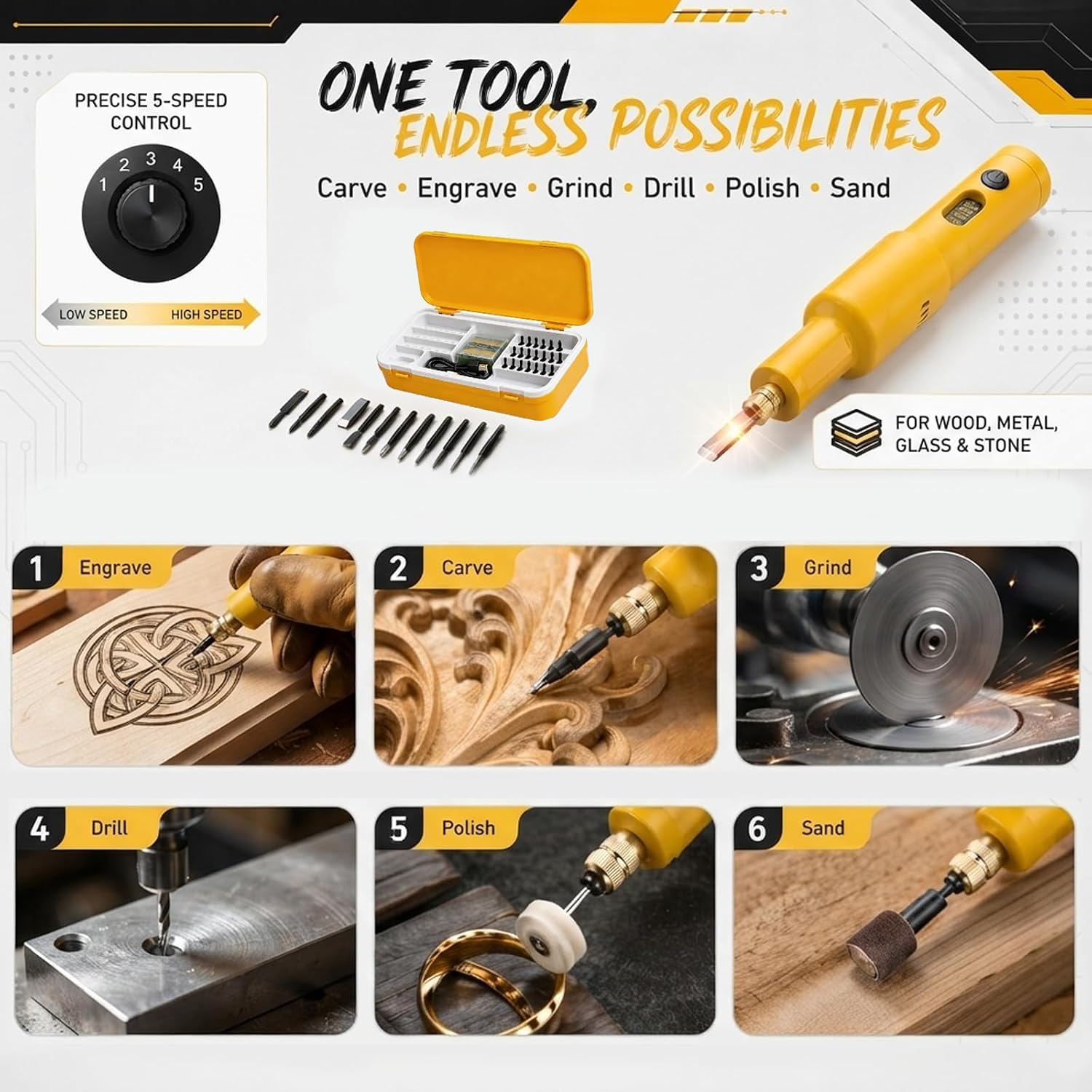 Kit Completo Per Intaglio Elettrico, Scalpello Elettrico Portatile Senza Fili, Con Custodia E 20 Lame Sostituibili, Per Incidere, Scolpire, Levigare, Forare, Lucidare E Carteggiare Legno, Green