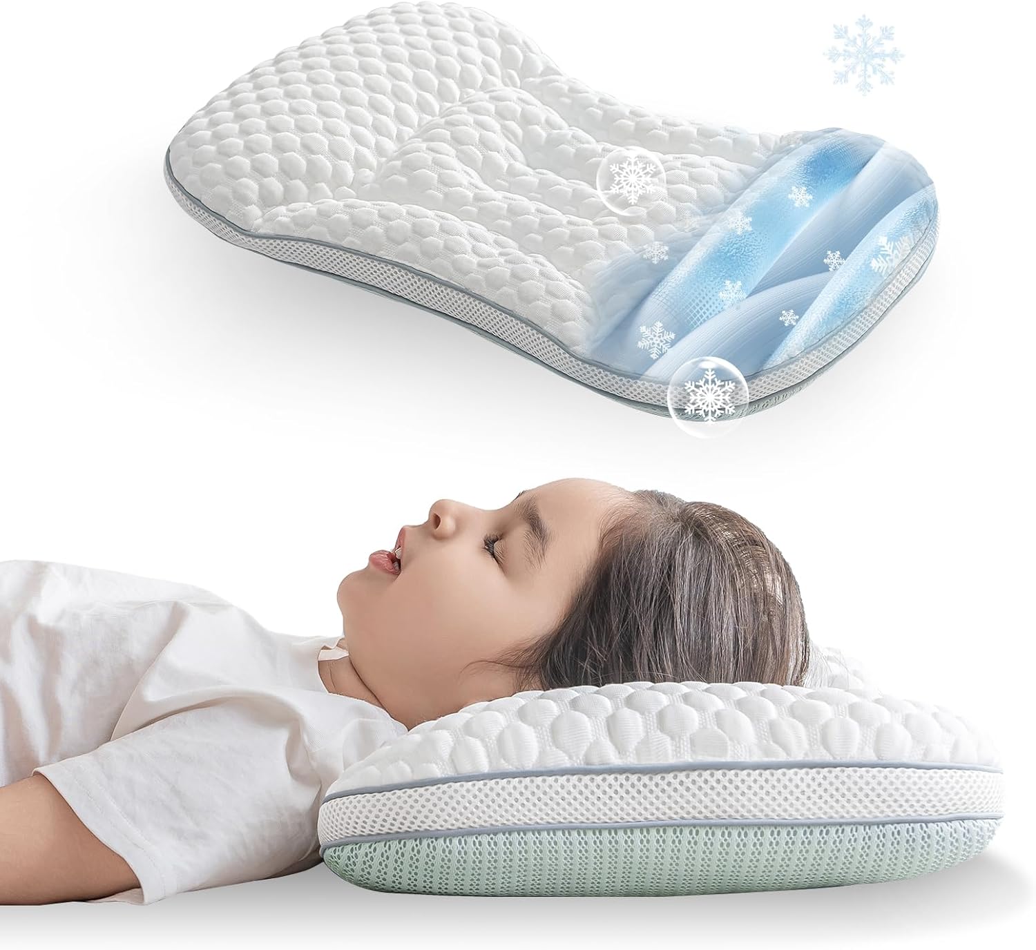 Reidio Toddler Pillows Double Sided Cooling Fabric & Breathable Mesh Kids Pillow Dual Heights Toddler Ergonomic Design Advanced Hose Filler Machine Washable (Blue Green, H2) H2 Blue Green