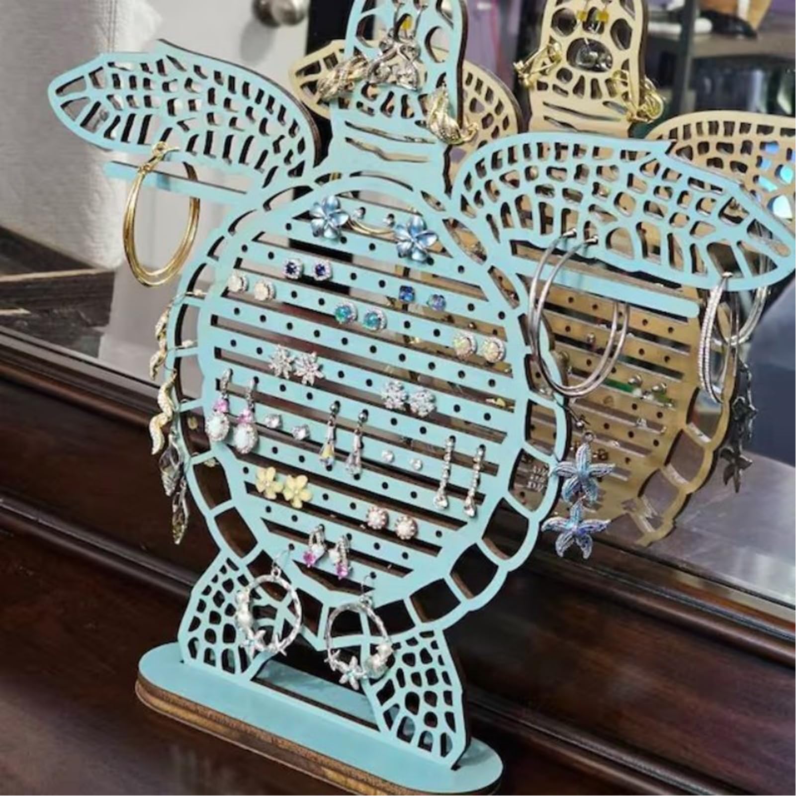 Porte Bijoux En Bois Forme Tortue - 99 Emplacements Boucles D'oreilles, Présentoir Pour Colliers, Bagues