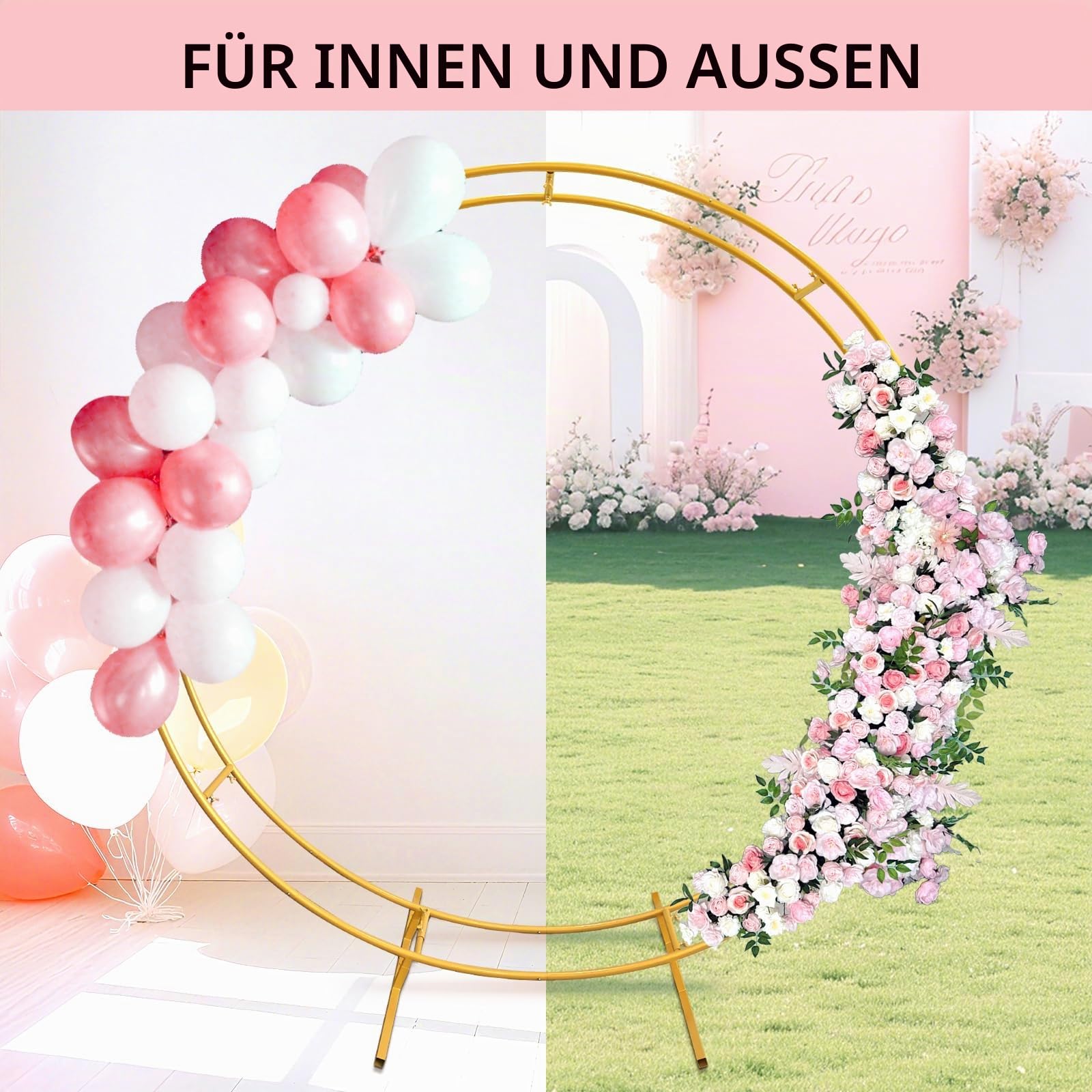 2M Metall Hochzeitsbogen, Doppelkreis Hochzeitsbogen Hochzeitsballon-Requisiten mit Sockel, Ballonbogen Ständer Hochzeitszeremonie, Hintergrundständer, Eisenblumenringständer,Gold
