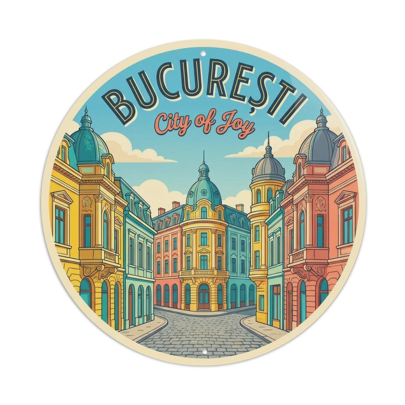 Vintage Travel Romanian Capital Architecture Metal Tin Sign Plaque Wall Decor for Cafe, Club Bar, Office, Home Garden Round Metal Poster 8x8Inch