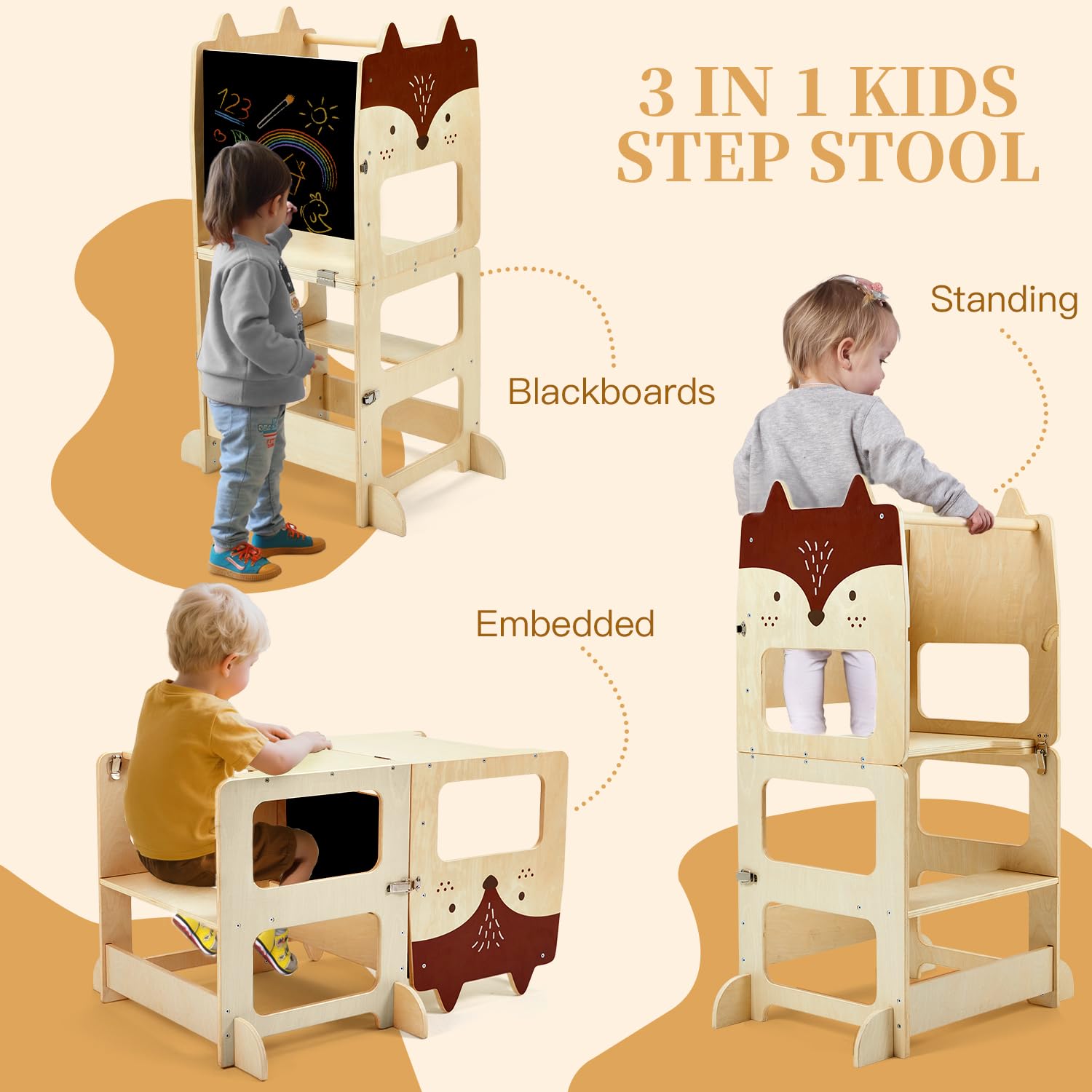 labebe torre montessoriana bambini（92 * 38.5 * 42cm）, sgabello da cucina per bambini, torre di legno per l'apprendimento con lavagna, set pieghevole di tavolo e sedia per bambini