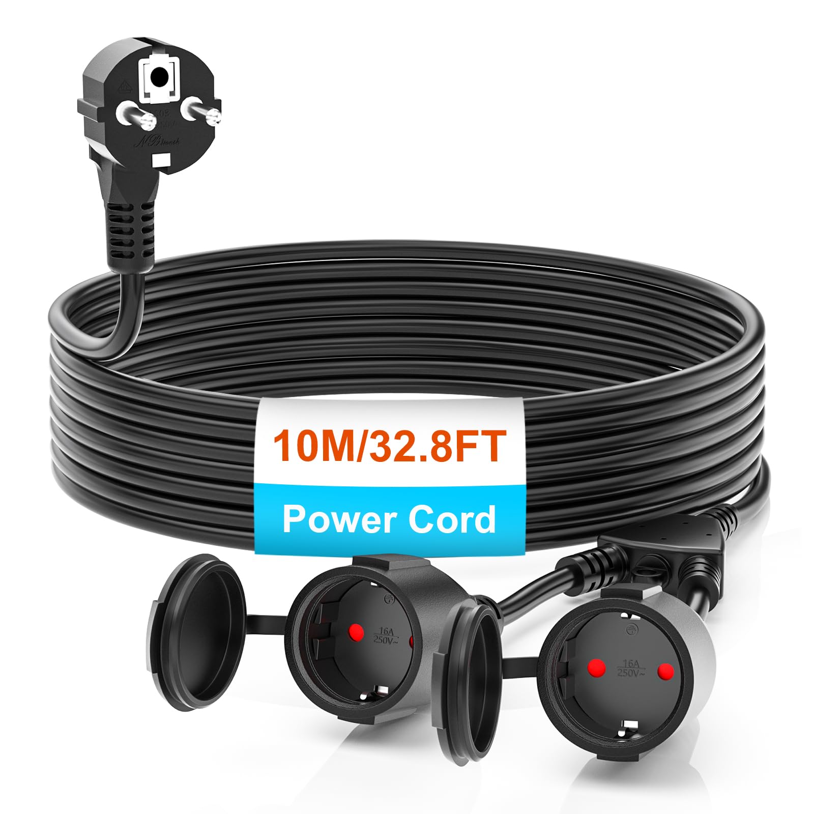 Cavo di prolunga Schuko con 2 prese, IP44, cavo di prolunga impermeabile, cavo di alimentazione, prolunga 10 m, adatto per esterni, per giardino, officina, cantiere (16 A/250 V, nero)