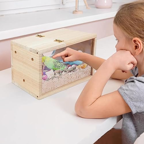 Parakeet Nesting Box with Perch, Small Bird Breeding Box with Transparent Window, Natural Wood Bird House for Cage for Parrot Cockatiel Lovebirds Budgie Finch Parrotlets Canary, Small (4.7*4.7*7.7")(Small (4.7*4.7*7.7"))
