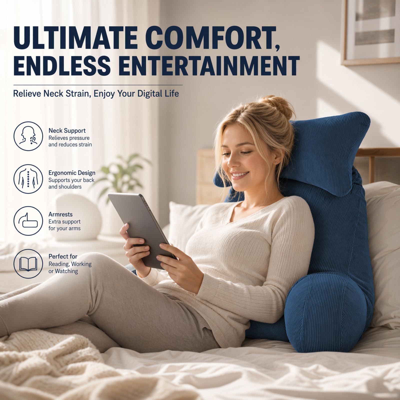 Cojín de apoyo lumbar con reposabrazos, cómodo cojín de lectura para cama y sofá, soporte ergonómico para la espalda para adultos, ideal para leer, jugar, ver la televisión y relajarse tiempo libre