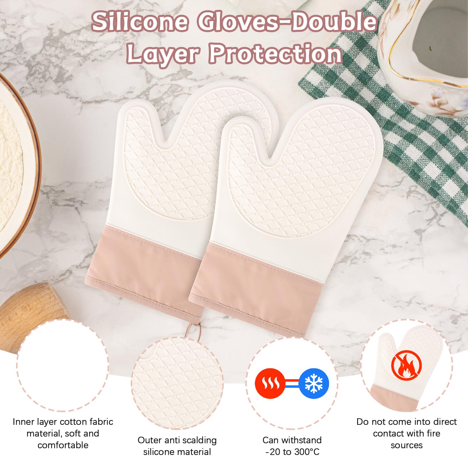 Set van 2 hittebestendige ovenhandschoenen, pannenlappen, ovenhandschoenen met antislip siliconen oppervlak, binnenkant is katoen, keukenhandschoenen, roze