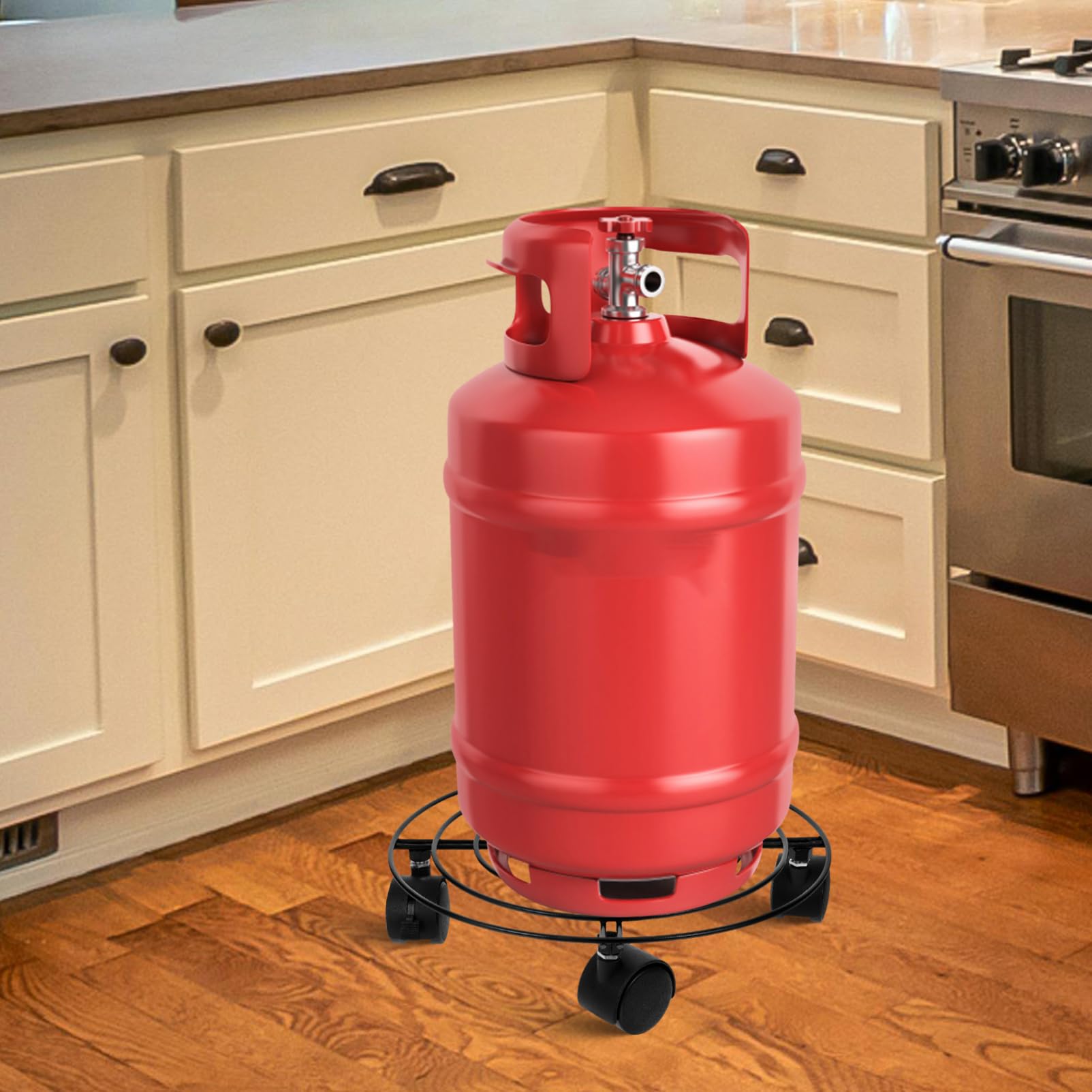 Amosfun Mobiler Gasflaschenständer aus Eisen mit Bremsrädern für Propangastanks bis 27cm Durchmesser Runder Gasflaschenhalter für Haushalt und Gewerbe