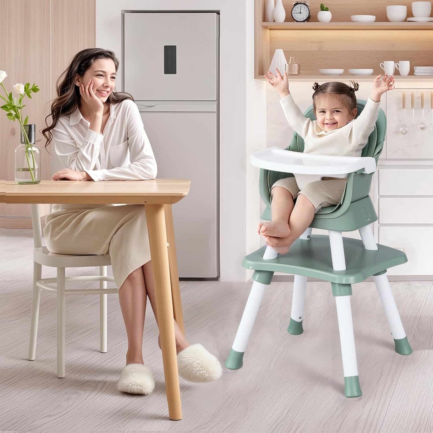 Kinder King 8 in 1 Baby High Chair, Coverts to Dining Booster Seat/Kids Table & Chair Set/Toddler Building Block Table/Kids Stool, Removable Tray & Double Seat Cover, Easy to Wipe, Green & White