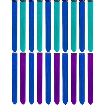 20 PCS Colored Hair Extensions, Teal + blue/Purple + Blue Clip in Hair Extensions Party Highlights for Fashion Party Favors Kids Girls Gifts