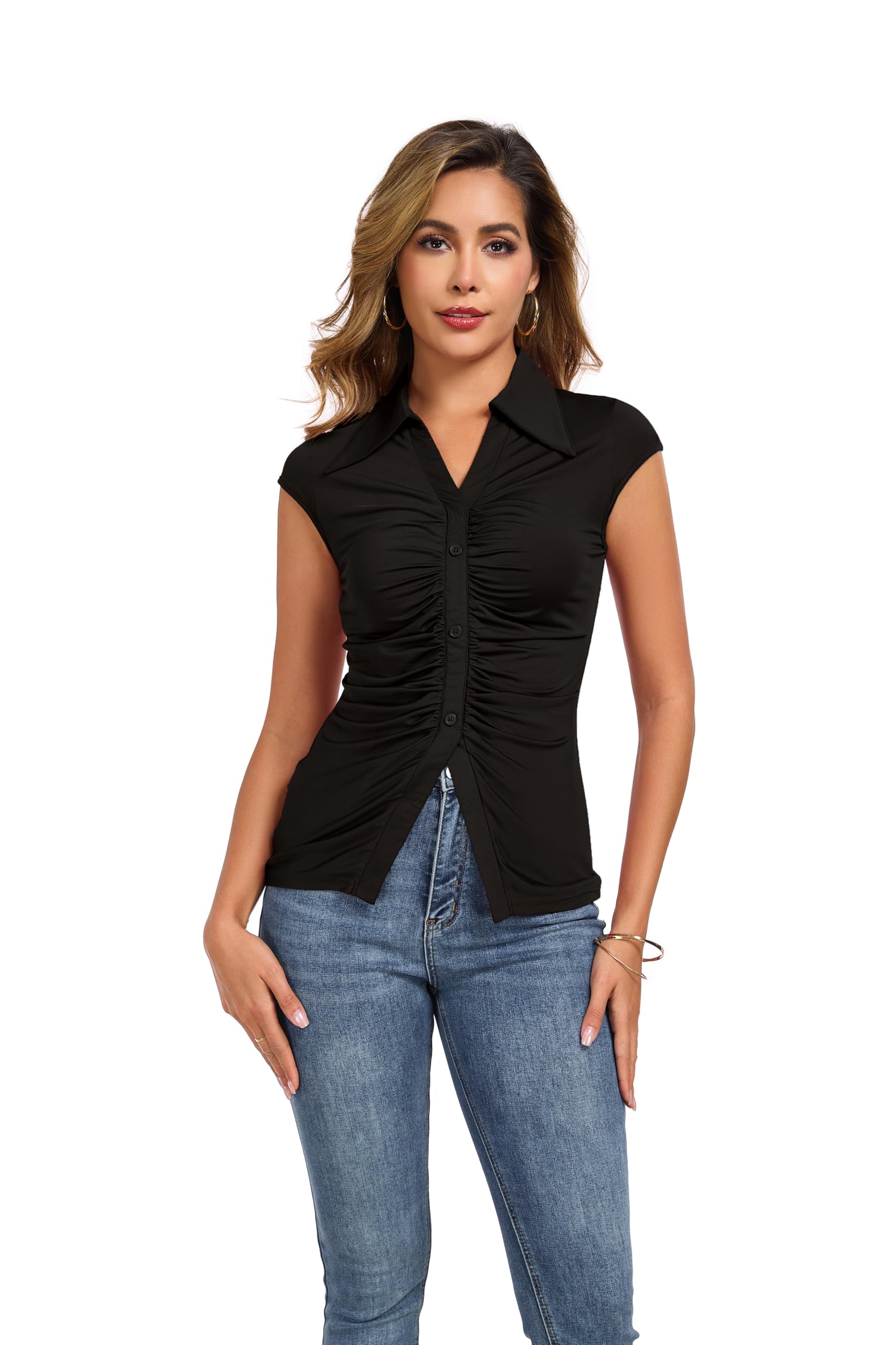 J.Corrine Damen Kurzarm T-Shirt Bluse Shirt V-Ausschnitt mit Raffung Kragen Knopfleiste Pull on Oberteil Casual Slim fit