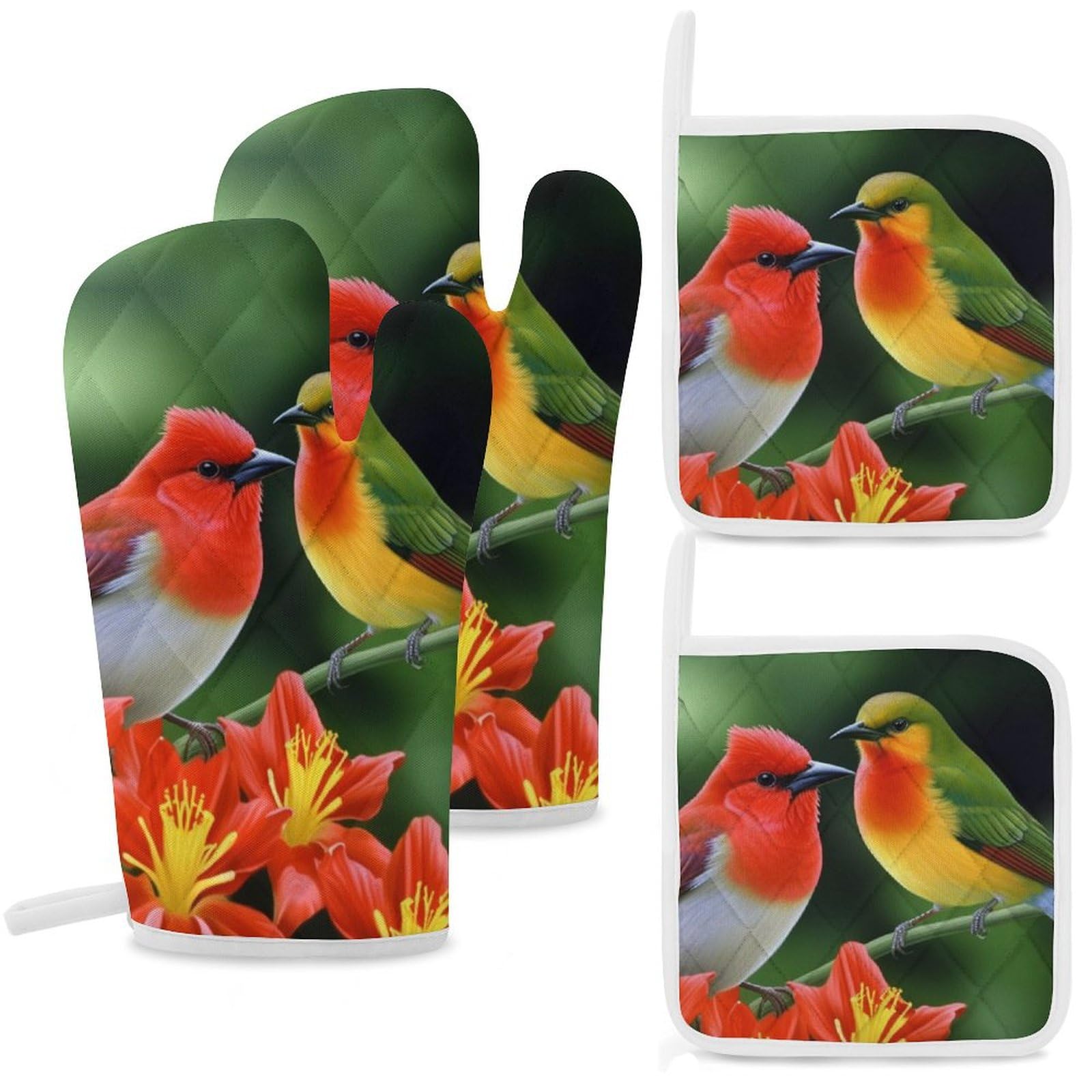 Maniques de cuisine antidérapantes lot de 4 gants résistants à la chaleur motif oiseaux