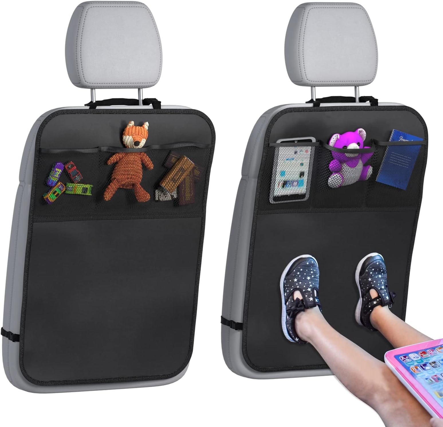 Lebogner Kick Mat Auto Seat Back Protectors + 3 Organizer Pockets, 2 Pack Waterproof Fabric Seat Cover For The Back Of Your Seat, X-Large Car Back Seat Protectors, Backseat Child Kick Guard Seat Saver