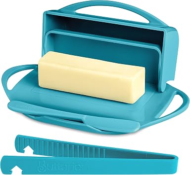 Butterie Flip-Top Butter Dish with Lid & Matching Knife Spreader for Countertop w/ Toaster Tongs, No-Mess Butter Tray Holds 2 Sticks/Kerrygold, Butter Keeper for Soft Butter, Dishwasher Safe Aqua