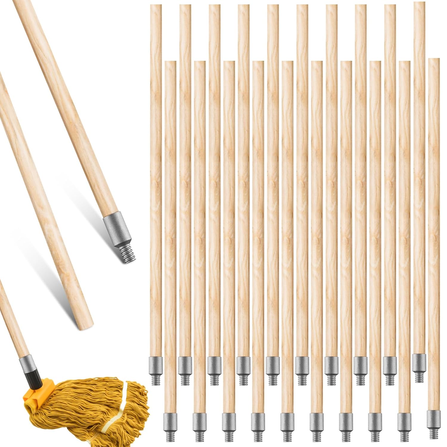 Barydat 55 Inch Lacquered Wood Broom Handle with Metal Threaded Tip Heavy Duty Natural Lacquered Wood Handle for Floor Home Office Commercial, 1" Diameter(20 Pack)