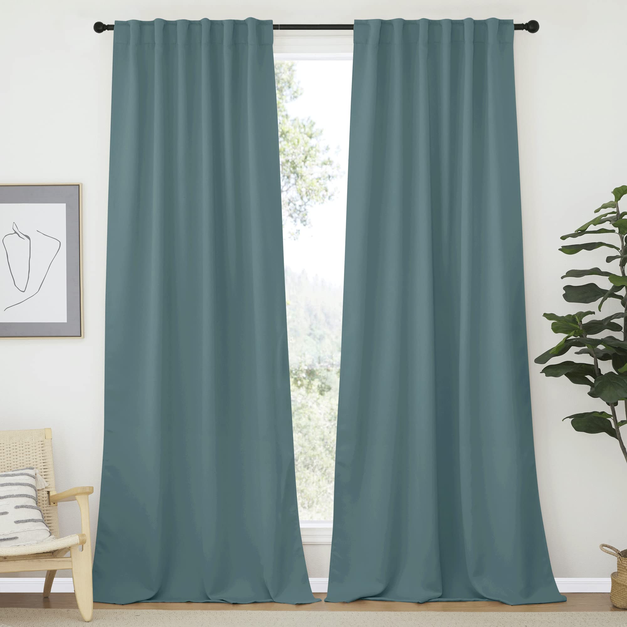 NICETOWN Blackout Curtains and Draperies for Living Room - (Greyish Blue Color) 52 inches Wide by 95 inches Long, Set of 2 Pieces, Insulated Solid Drape Panels
