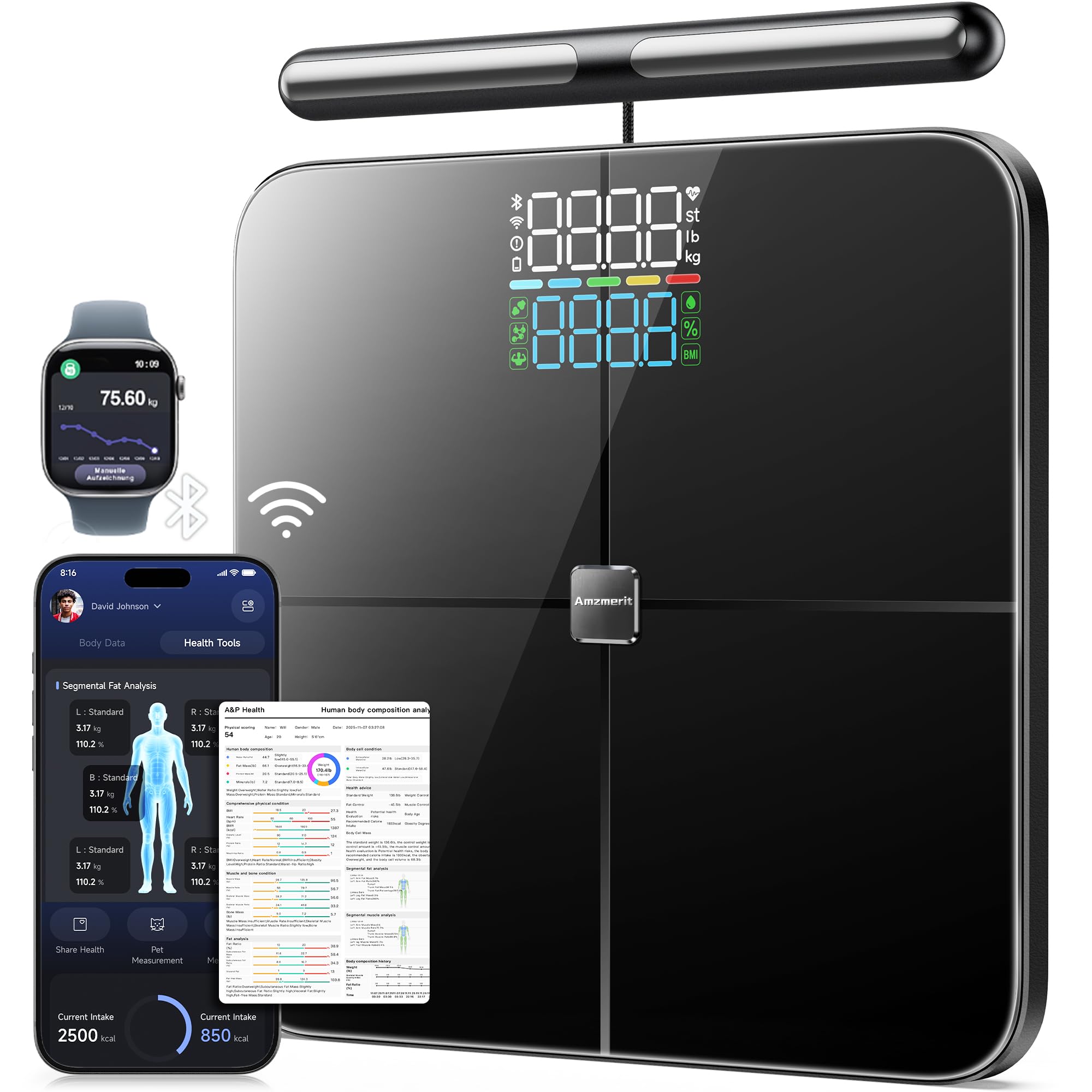 Smart Scale for Body Weight with Handle, Body Composition Analyzer Glossy Black
