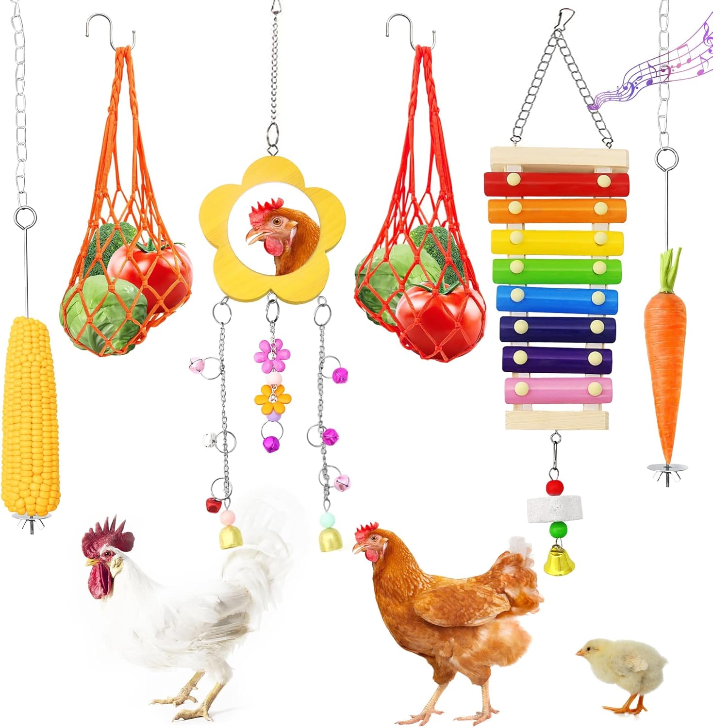 DSTANA Chicken Toys for Coop 6 PCS,Chicken Vegetable Hanging Feeder Chicken Fruit