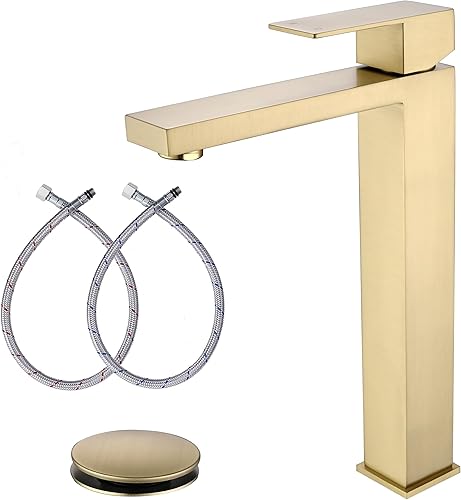 AML-11411-BG - Grifo de lavabo de baño de oro cepillado, grifo de lavabo de baño alto con drenaje emergente, grifo de baño dorado de un solo agujero