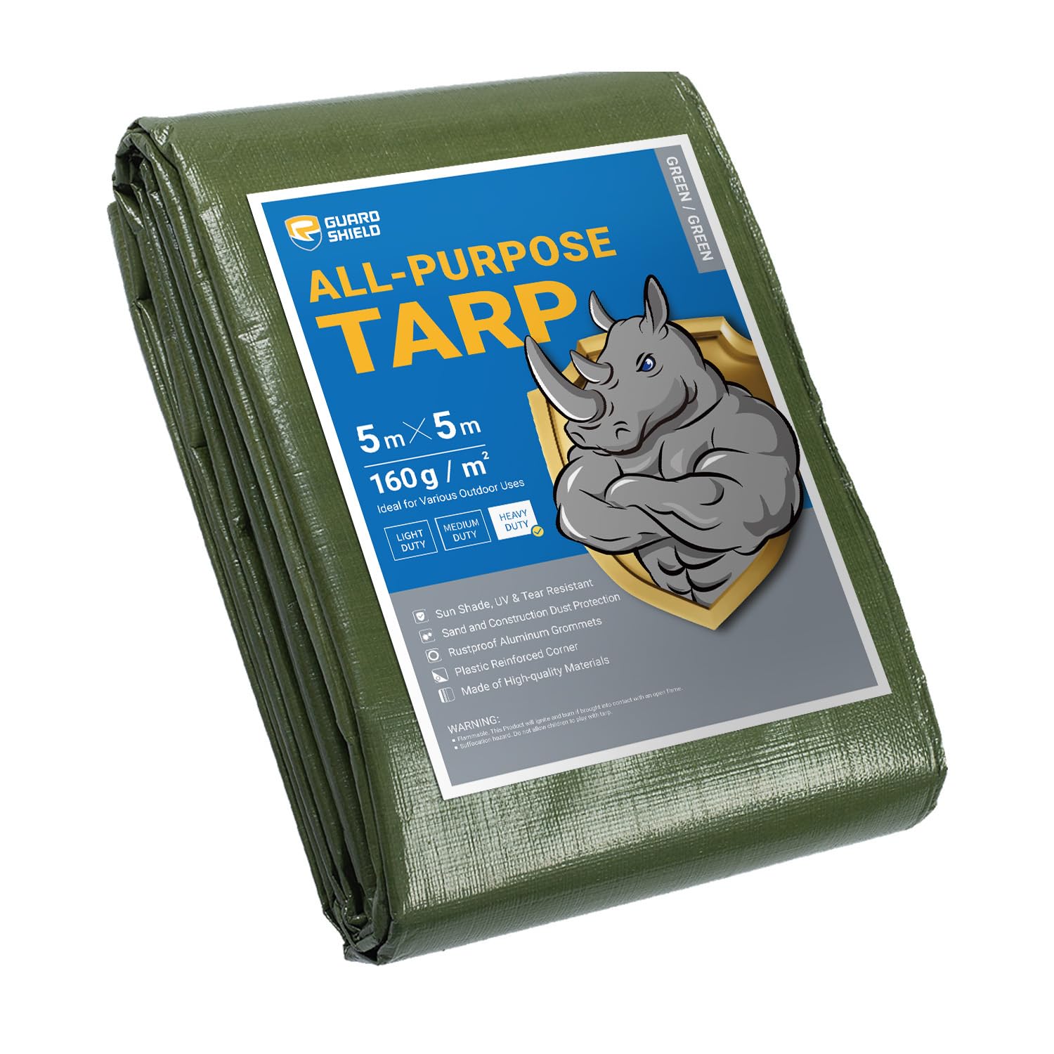 GUARD SHIELD Heavy Duty Tarpaulin Sheet 5x5m Green Tarp Multi Purpose UV Resistant Waterproof Ground Cover 160g/m²