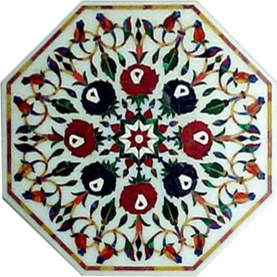 Kitchen Table, Marble Inlay Coffee Table Top Stone Inlaid Tables with Beautiful Lapis Flower Handmade Pietra Dura Art, White Marble Table