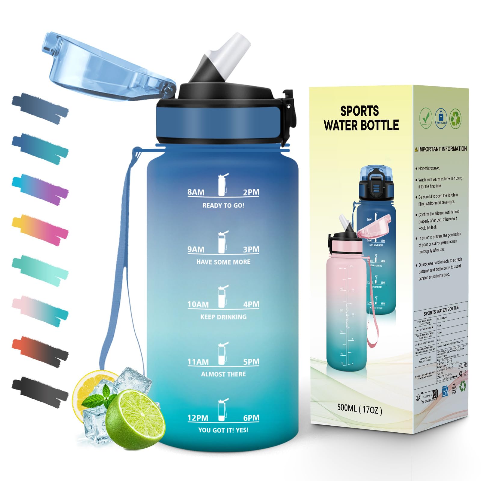 500ML BPA Free Water Bottle with Straw Time Scale Motivational Wide Mouth Leakproof Lid for School Office Gym