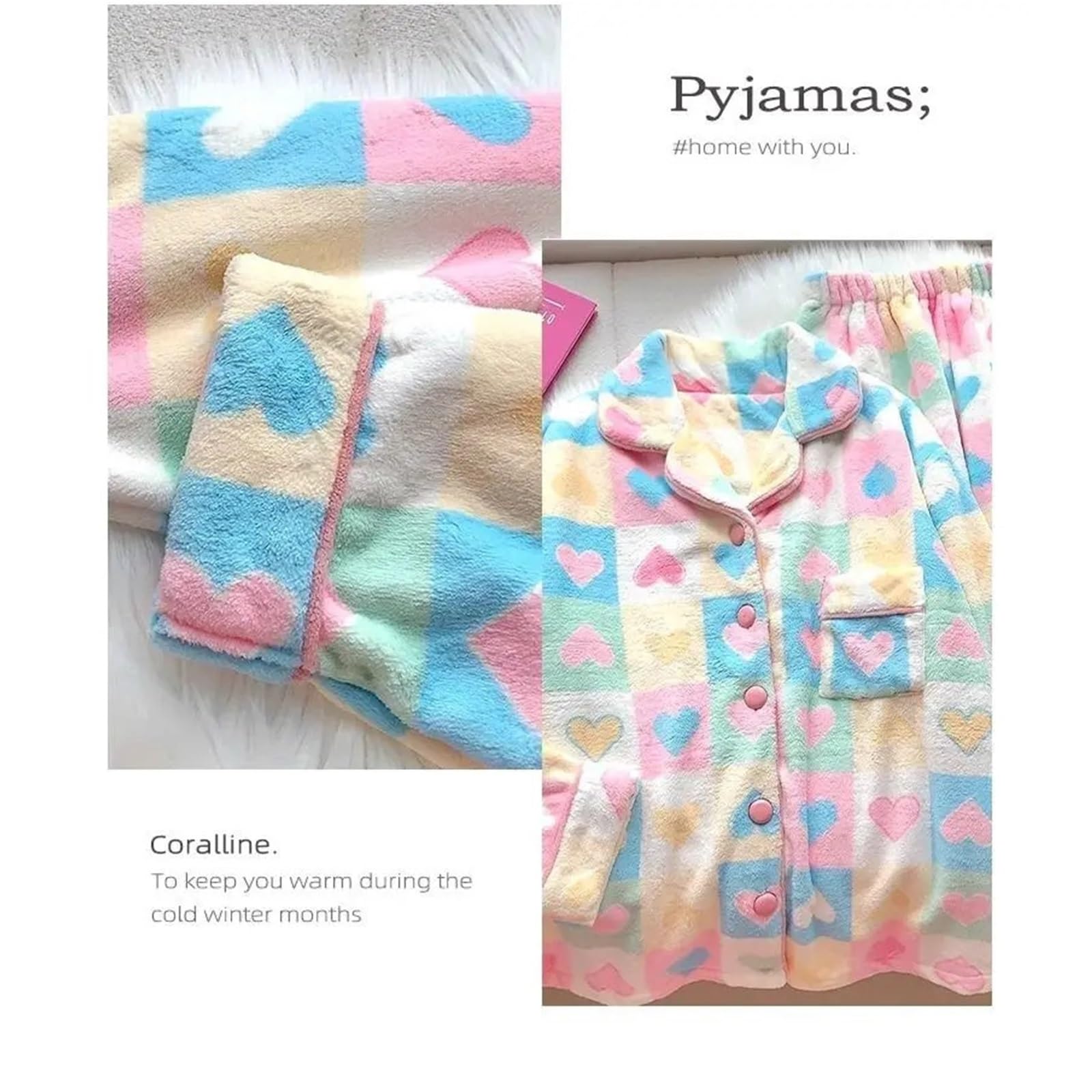 Women's Sweet Pajamas Set – Love & Striped Print, Long Sleeve Sleepwear Suit, Button Top and Pants with Pockets, Soft(XL 58-65kg)
