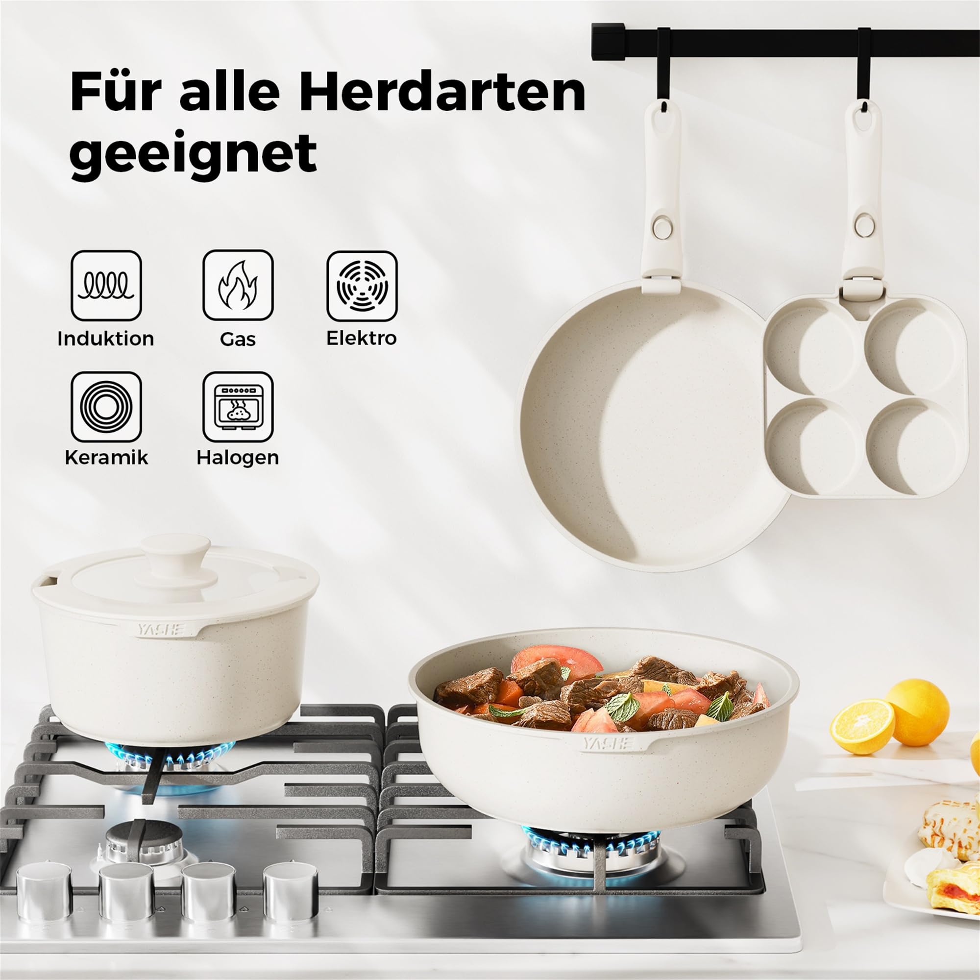 YASHE 20-teiliges Kochgeschirrset, Induktion, ungiftig, PTFE- und PFAS-frei | Zwei abnehmbare Griffe und Eierpfanne mit 4 Mulden; Kochgeschirrkörper ohne Griffe backofengeeignet; für alle Herdarten