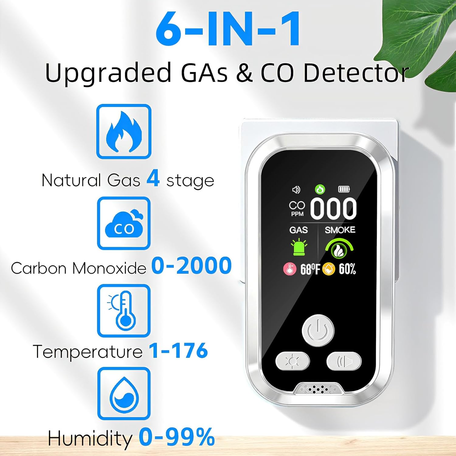 6-in-1 Carbon Monoxide Detector Combo with LCD Display, Detects CO, Natural Gas, Smoke, Temperature, Humidity for Home Hotel, Camping RV, Apartment Safety, White
