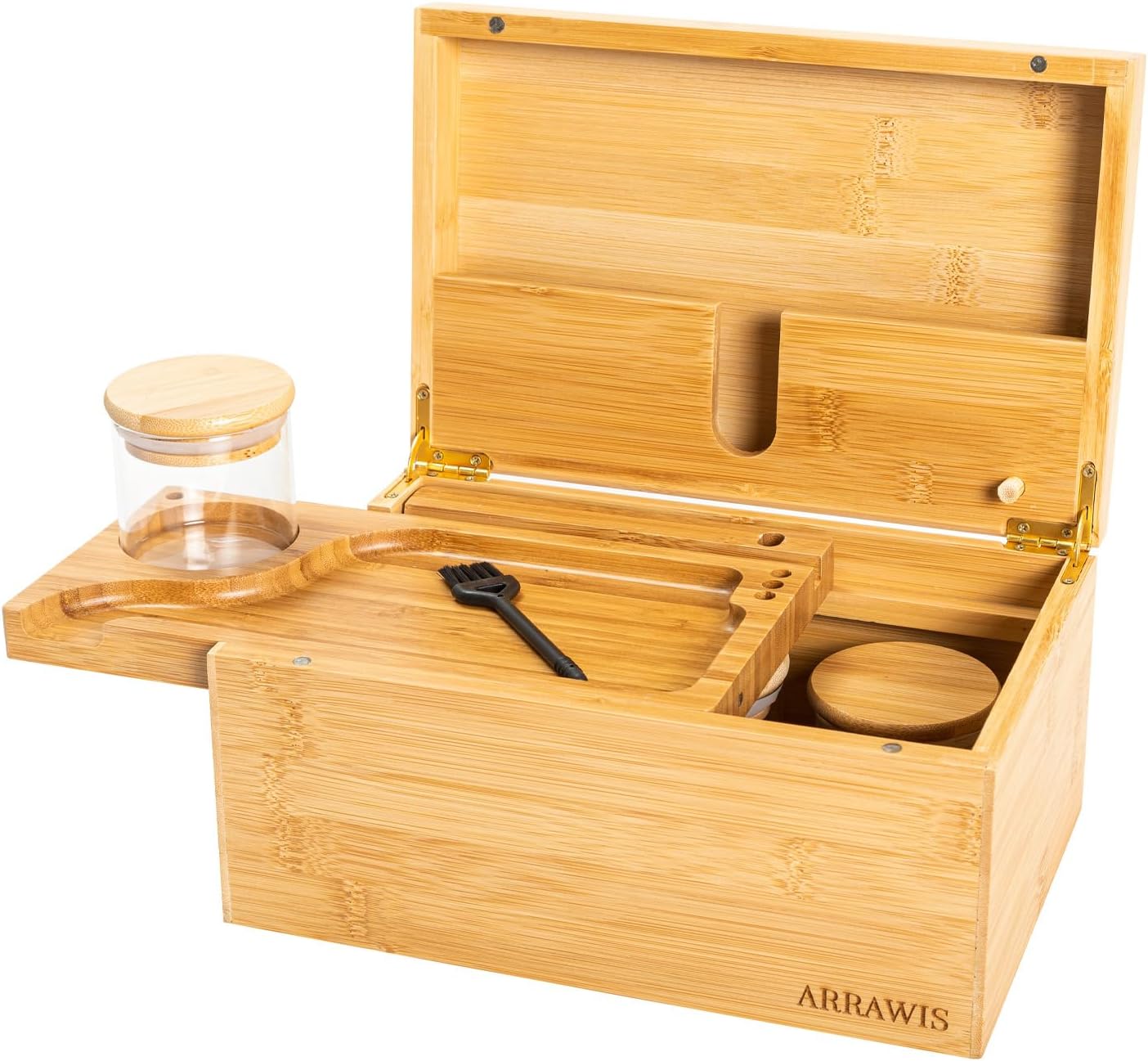 ‌Large Magnetic Closure Bamboo Storage Box – Smell-Proof Decorative Organizer with Removable Trays & Glass Jars – Multi-Purpose Gift for Home, Office or Travel‌