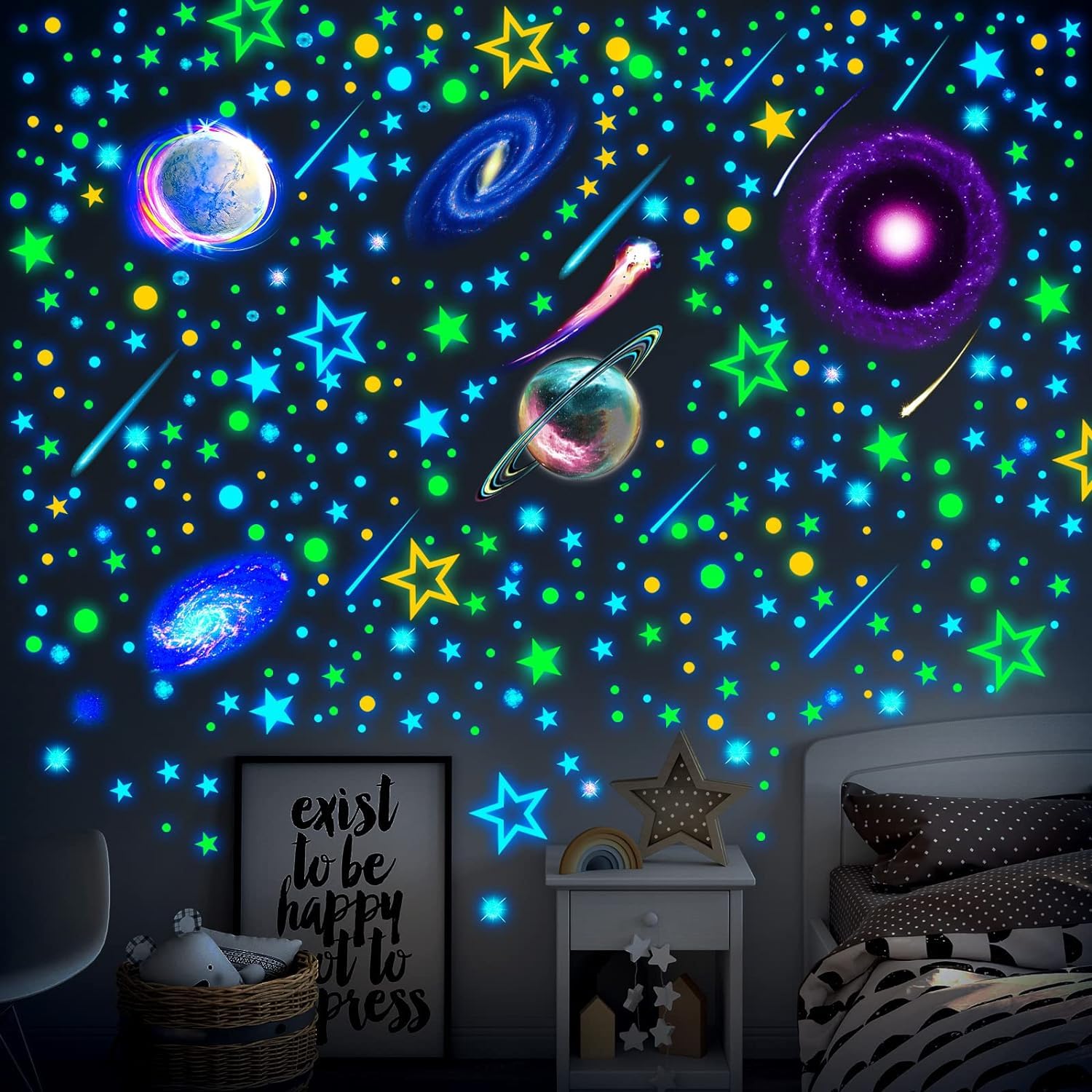 Maxsafe 495 Pieces Glow in The Dark Stars and Moons Wall Decals for Ceiling, Removable Glowing Stars and Planets Wall Decal Sticker Glow in The Dark Wall Decor for Kids Bedroom Living Room