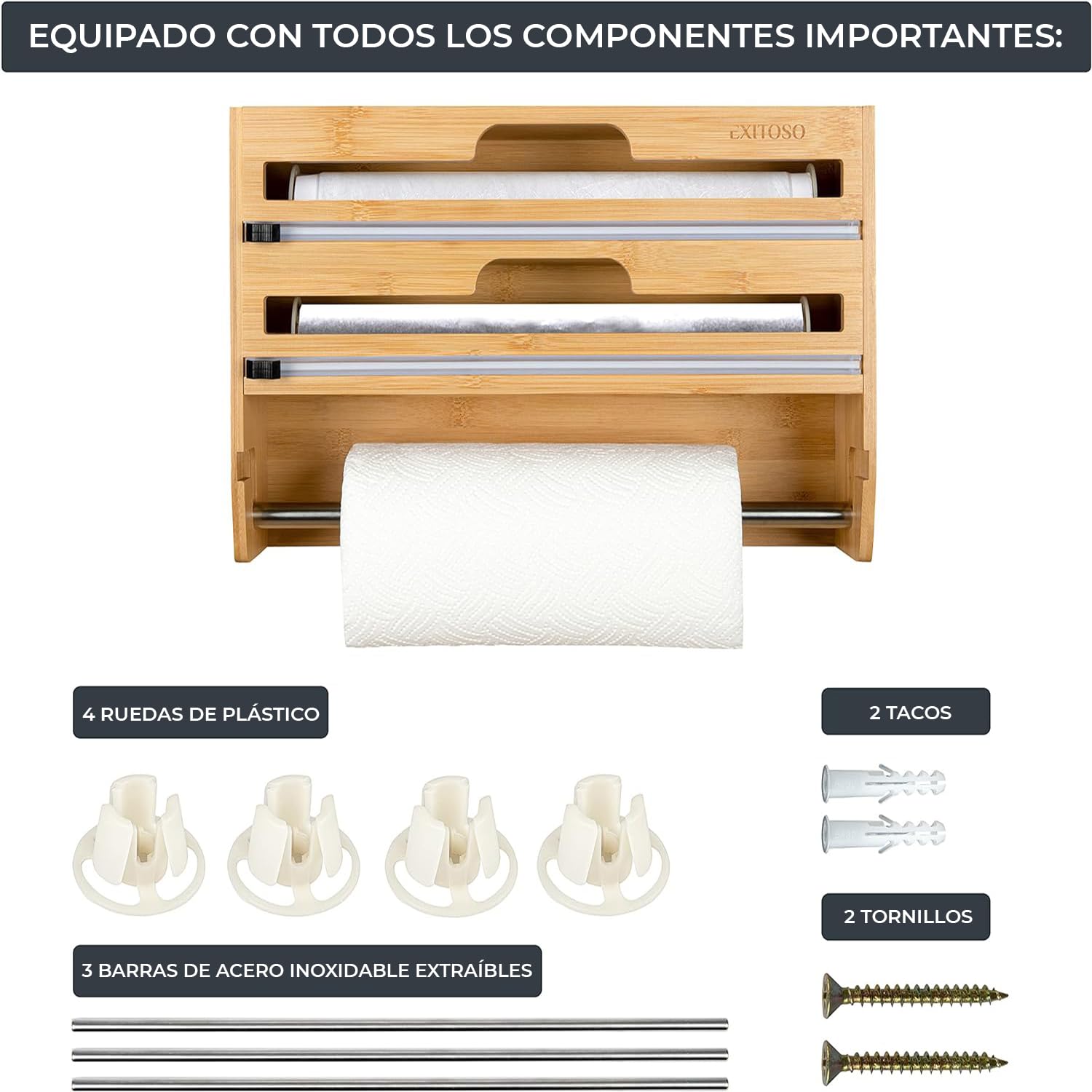EXITOSO Zewa - Cortador de papel de aluminio de bambú, soporte para rollos de pared para cocina, dispensador de papel de cocina, sin taladrar, madera, soporte para rollos de cocina